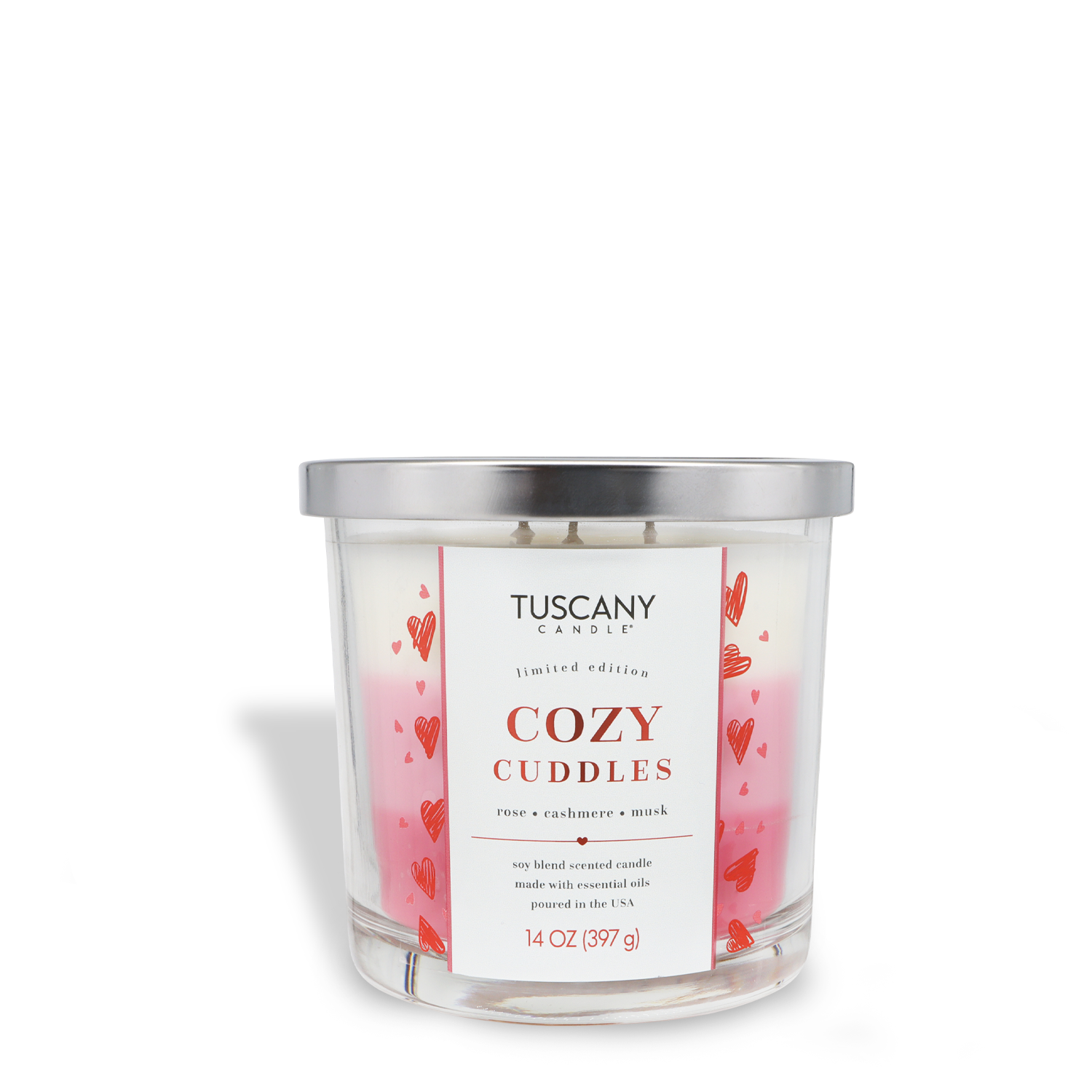 A Tuscany Candle® SEASONAL Cozy Cuddles: Rose & Cashmere Scented Valentine’s Candle (14 oz) with a metallic lid, white and pink wax, and red heart designs on the glass.