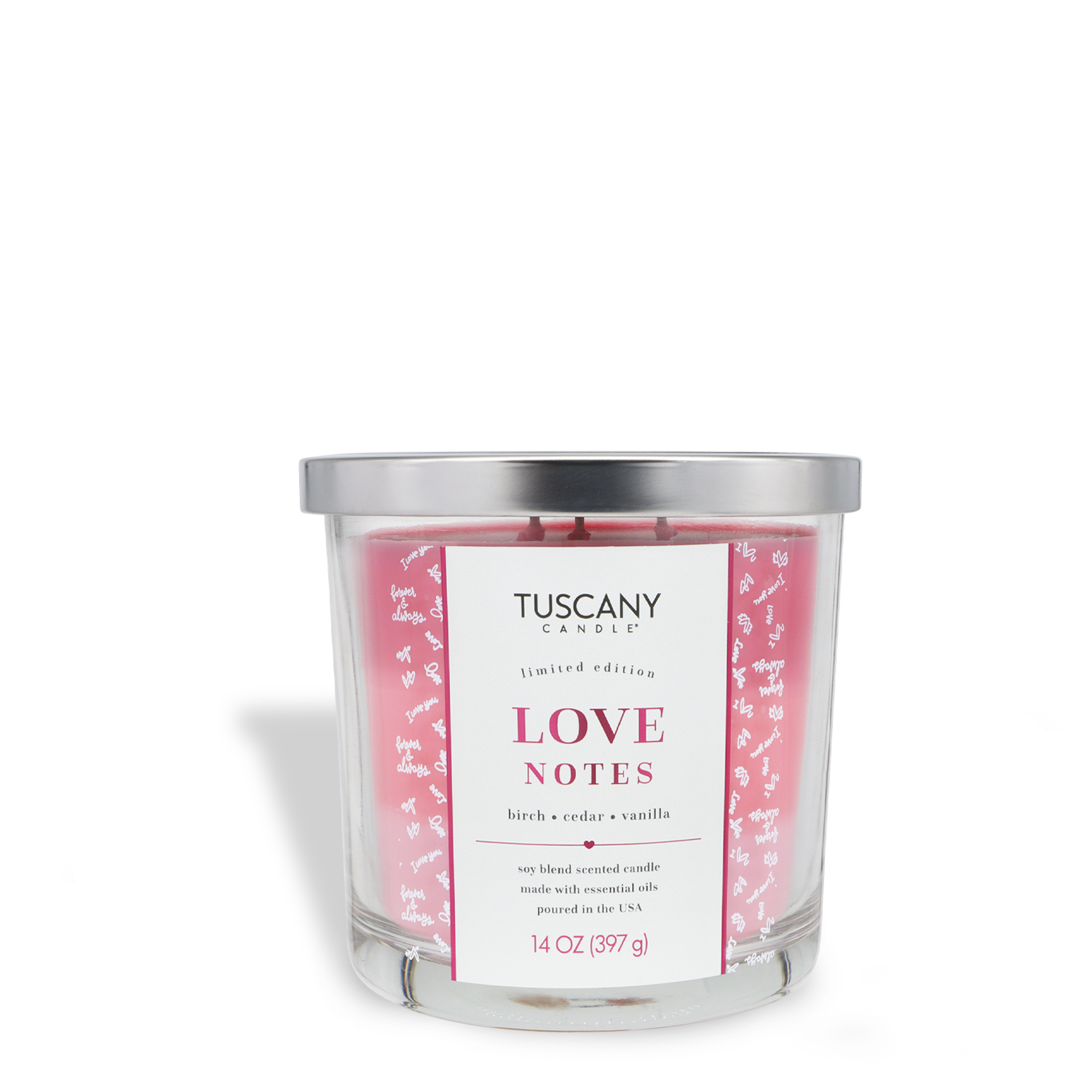 A 14 oz glass jar candle by Tuscany Candle® SEASONAL, "Love Notes: Birch & Cedarwood," with birch, cedarwood, and vanilla scents; features pink wax and a silver lid.
