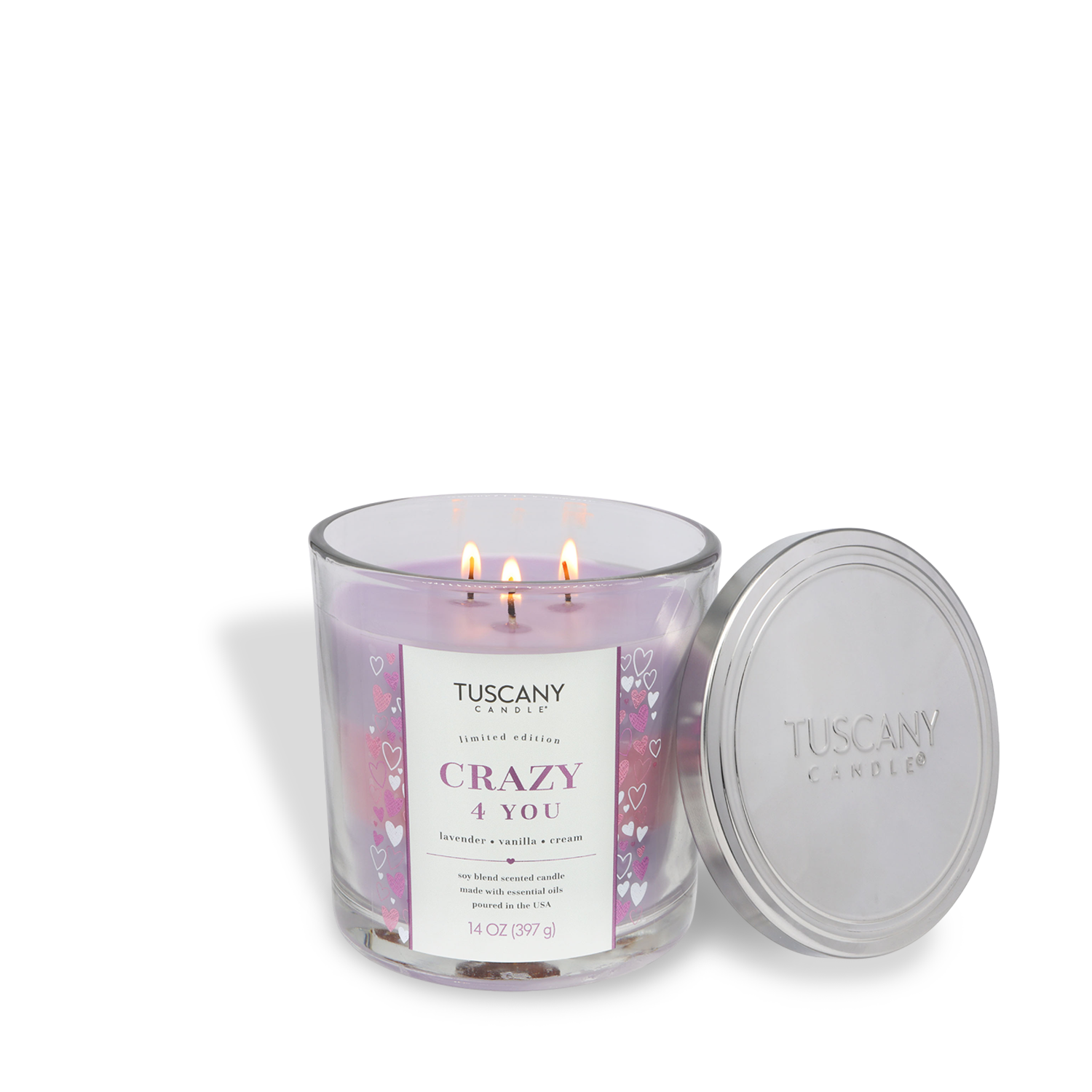 A lavender & vanilla scented “Crazy 4 You” Valentine’s candle (14 oz) by Tuscany Candle® SEASONAL features three wicks in a glass jar with a metallic lid.