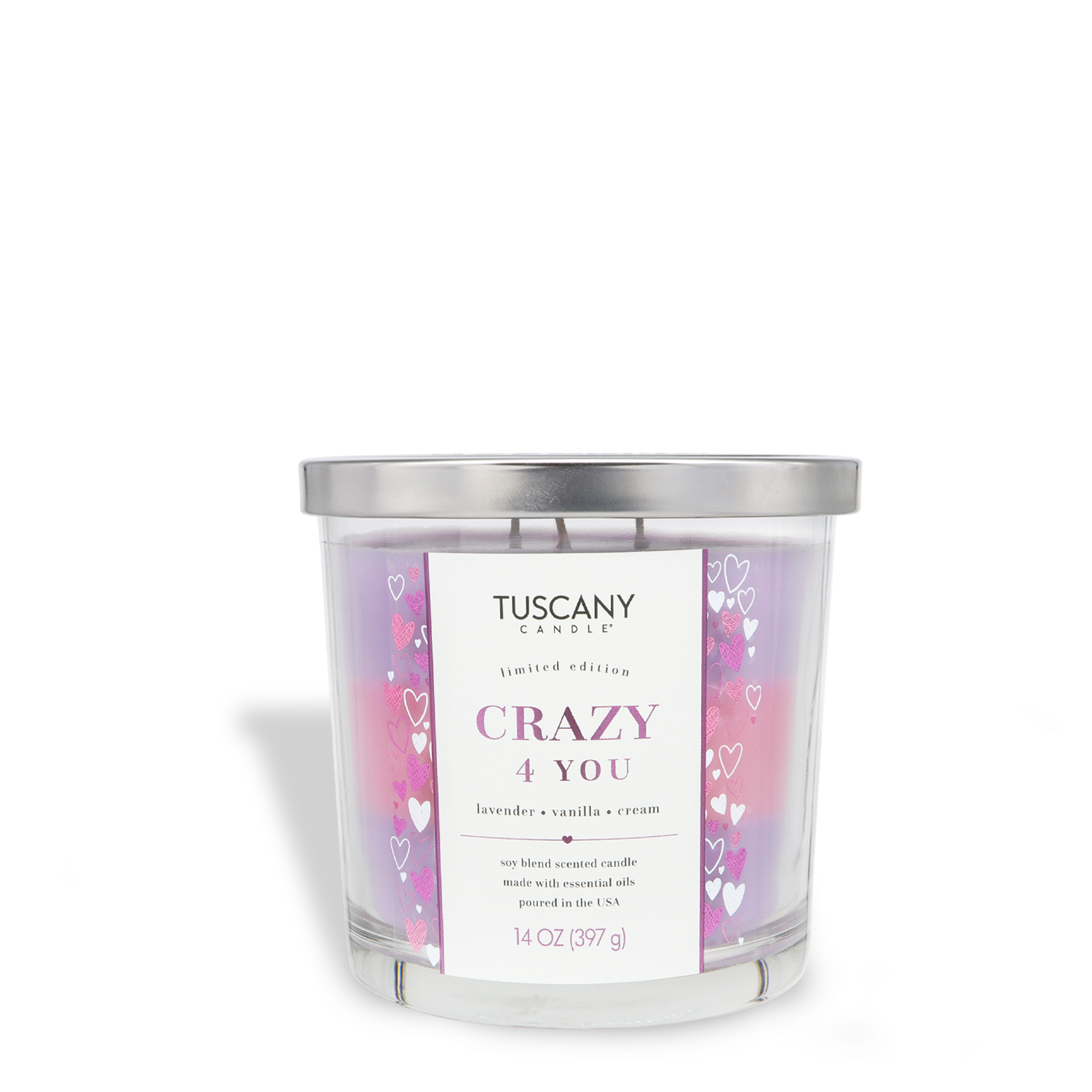 The Tuscany Candle® SEASONAL "Crazy 4 You: Lavender & Vanilla Scented Valentine's Candle" (14 oz) comes in a glass jar with a silver lid and heart designs, featuring notes of lavender, vanilla, and cream.