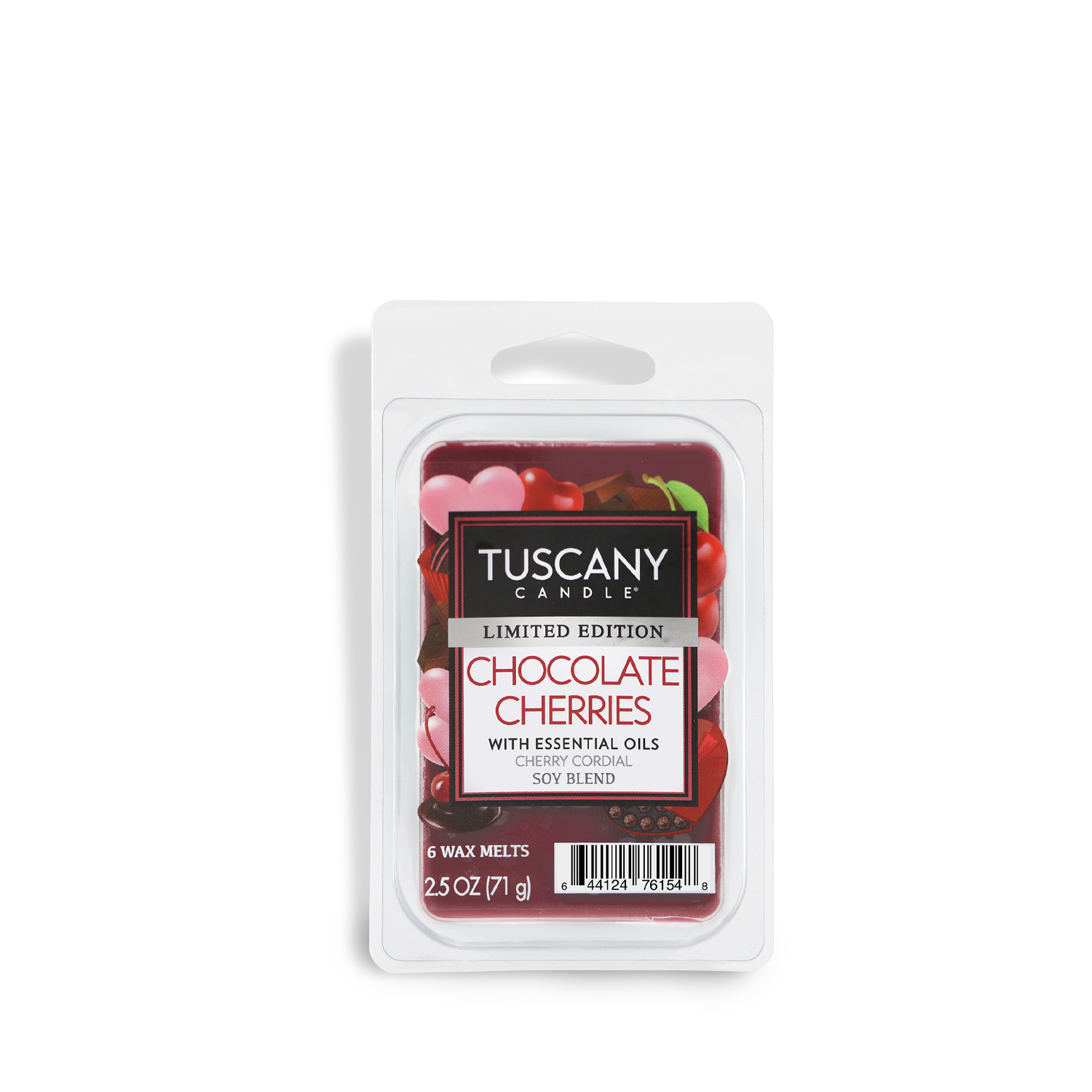 A 2.5 oz Tuscany Candle® SEASONAL Chocolate Cherries: Cherry Cordial Scented Valentine's Wax Melt in a clear clamshell container, limited edition with essential oils.