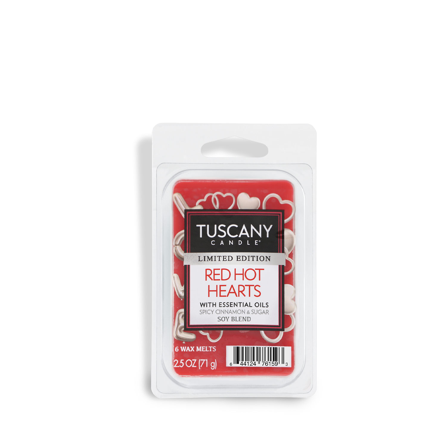 Tuscany Candle® SEASONAL Red Hot Hearts: Red Hot Cinnamon Scented Valentine's Wax Melt (2.5 oz) features heart designs, a red color, and is labeled as a limited edition soy blend with essential oils.