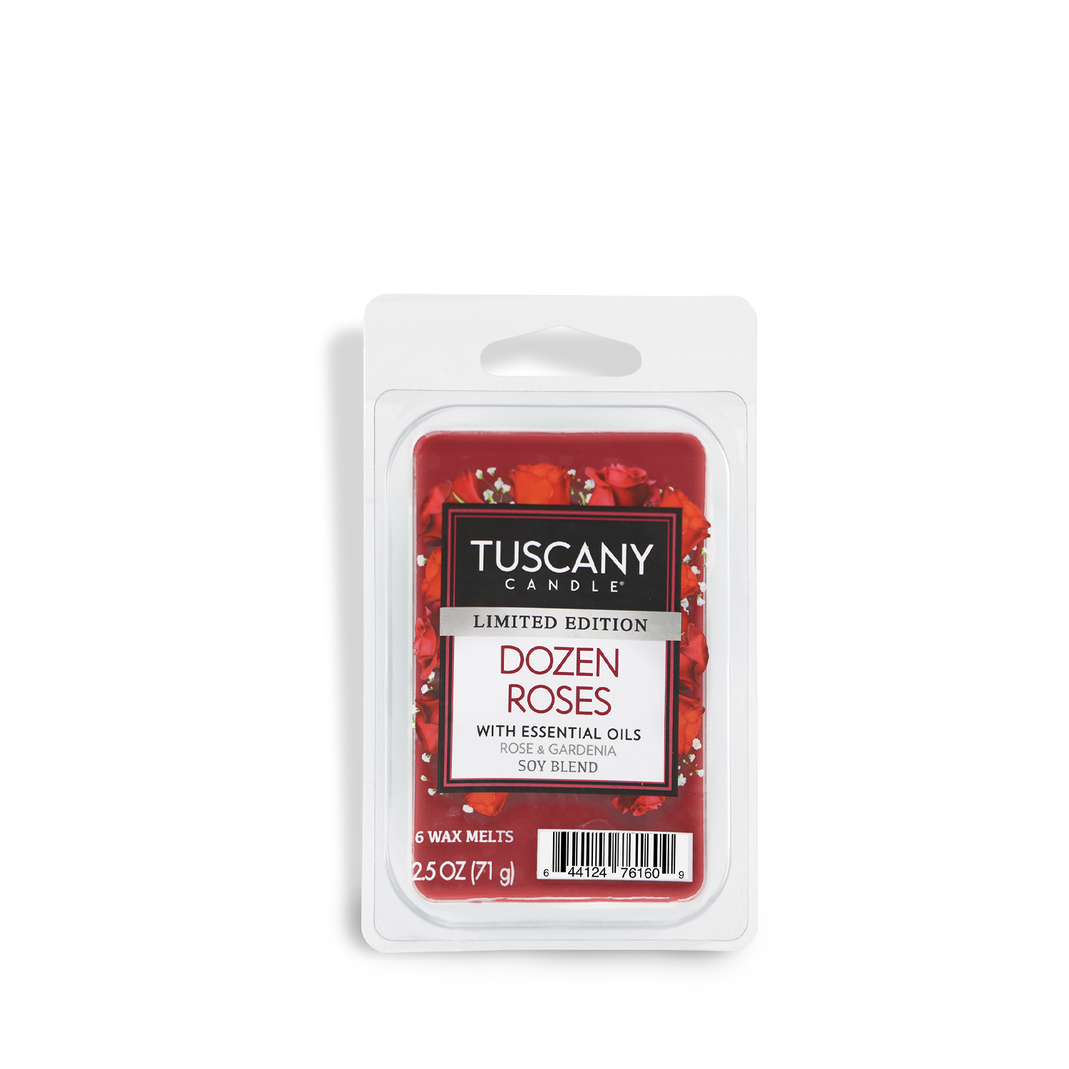A 2.5 oz package of Tuscany Candle® SEASONAL Dozen Roses: Rose & Gardenia Scented Valentine's Wax Melt.