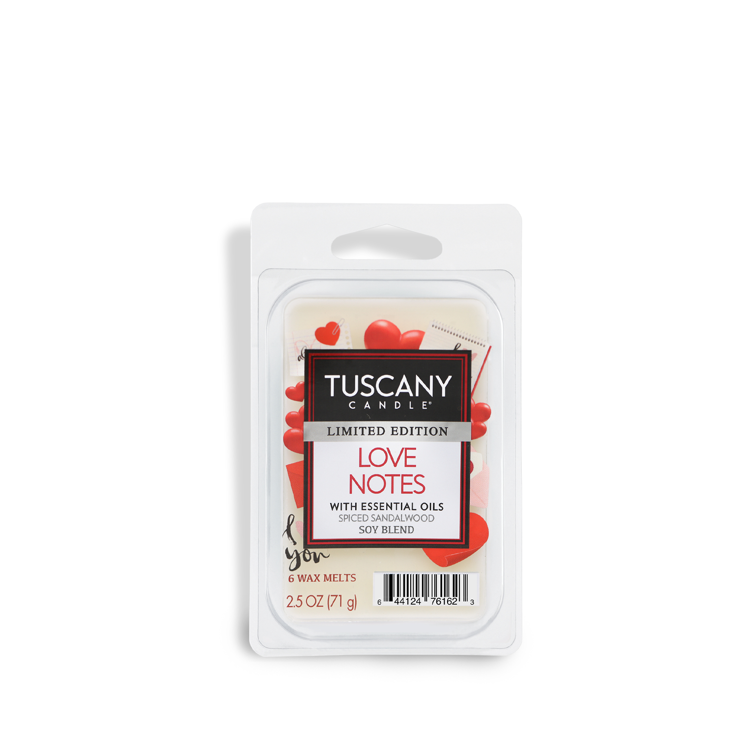 A limited edition Tuscany Candle® SEASONAL Love Notes: Spiced Sandalwood scented Valentine’s wax melt pack (2.5 oz) contains six melts made with essential oils and a soy blend.