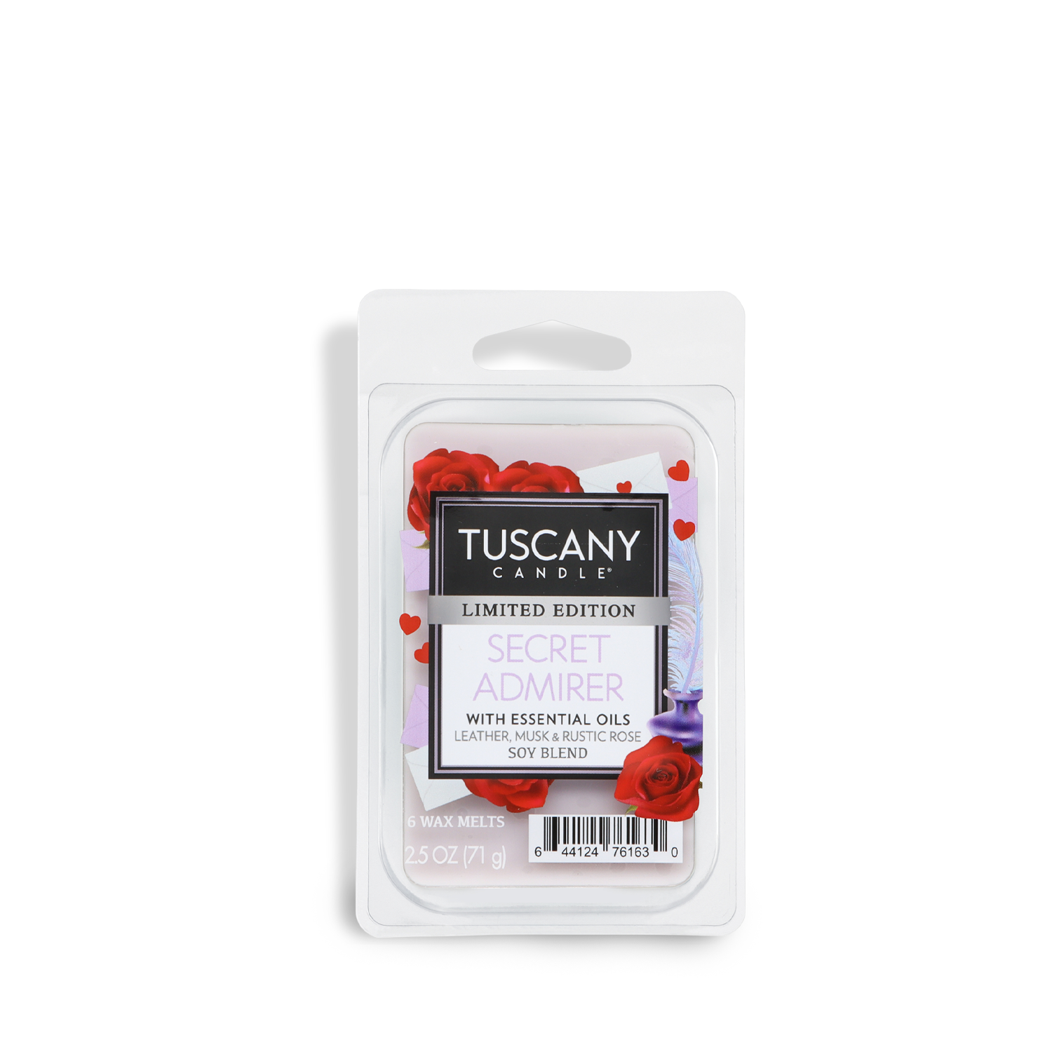 A 2.5 oz pack of Tuscany Candle® SEASONAL "Secret Admirer: Leather & Musk Scented Valentine's Wax Melt," decorated with red roses and hearts.