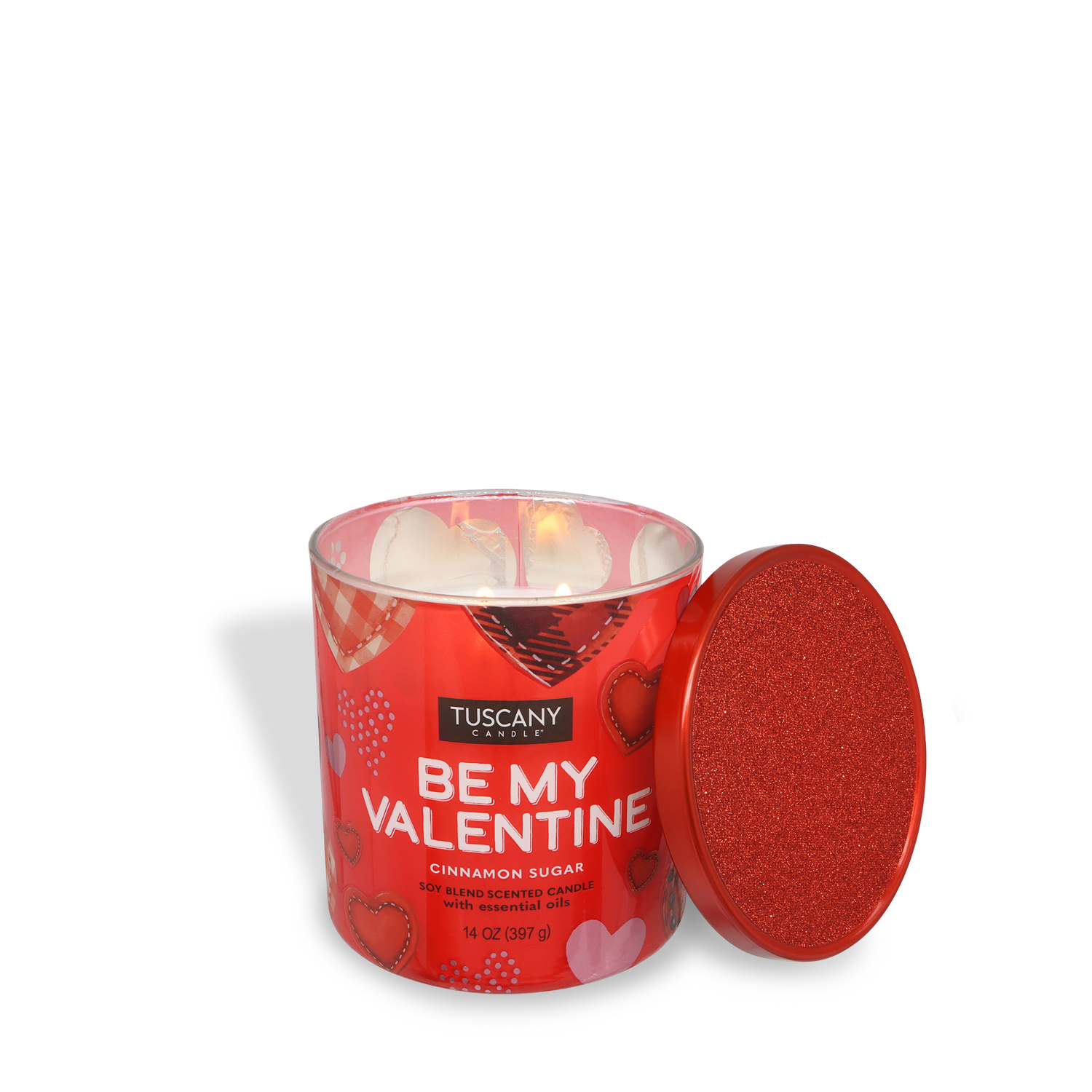 A 14 oz Tuscany Candle® SEASONAL "Be My Valentine" red candle with Red Hot Cinnamon scent, white wax, and its glittery red lid removed and set beside it.