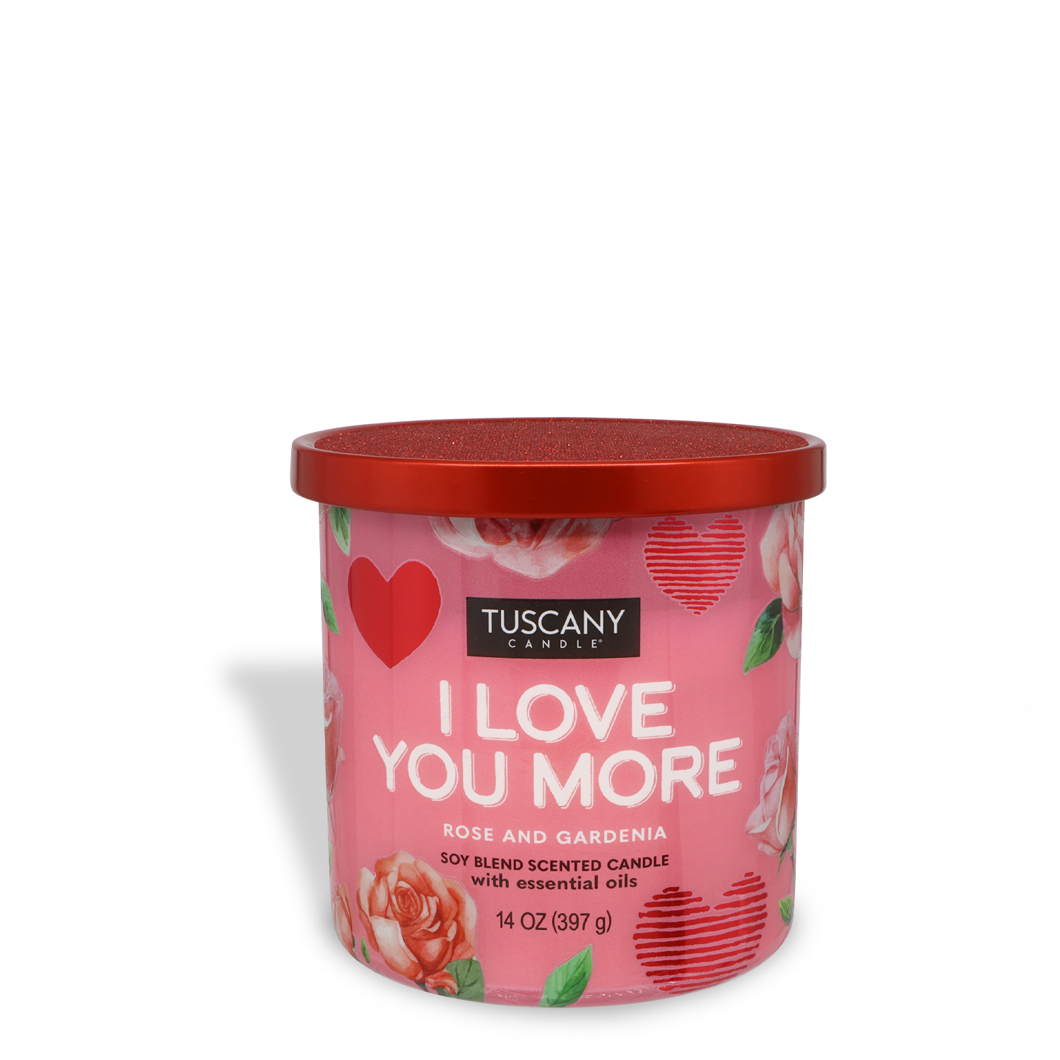 A 14 oz Tuscany Candle® SEASONAL "I Love You More: Rose & Gardenia Scented Valentine's Candle" in pink with a red lid, floral and heart graphics.
