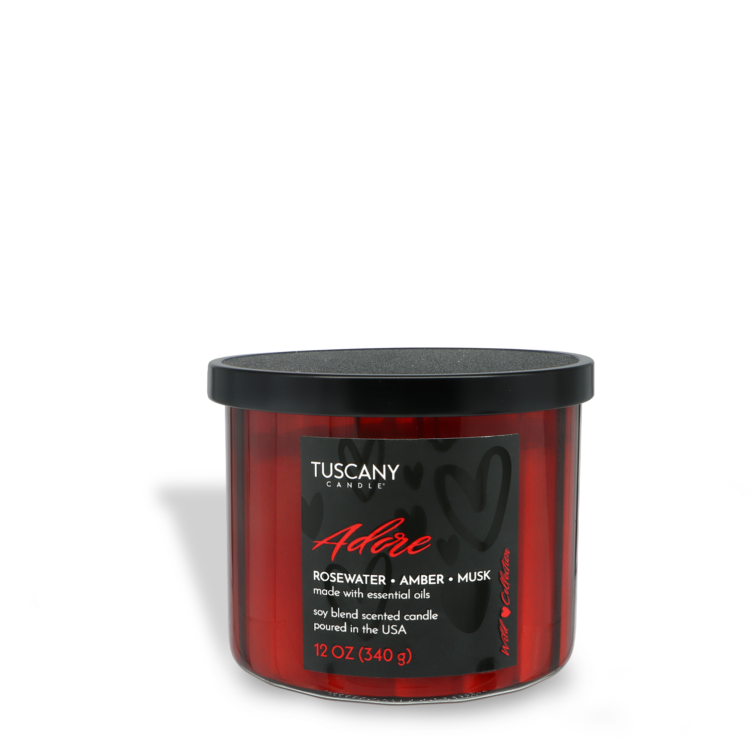 The Tuscany Candle® SEASONAL "Adore: Rosewater & Amber Scented Valentine's Candle" is a 12 oz red jar with rosewater, amber, and musk notes, topped with a black lid.