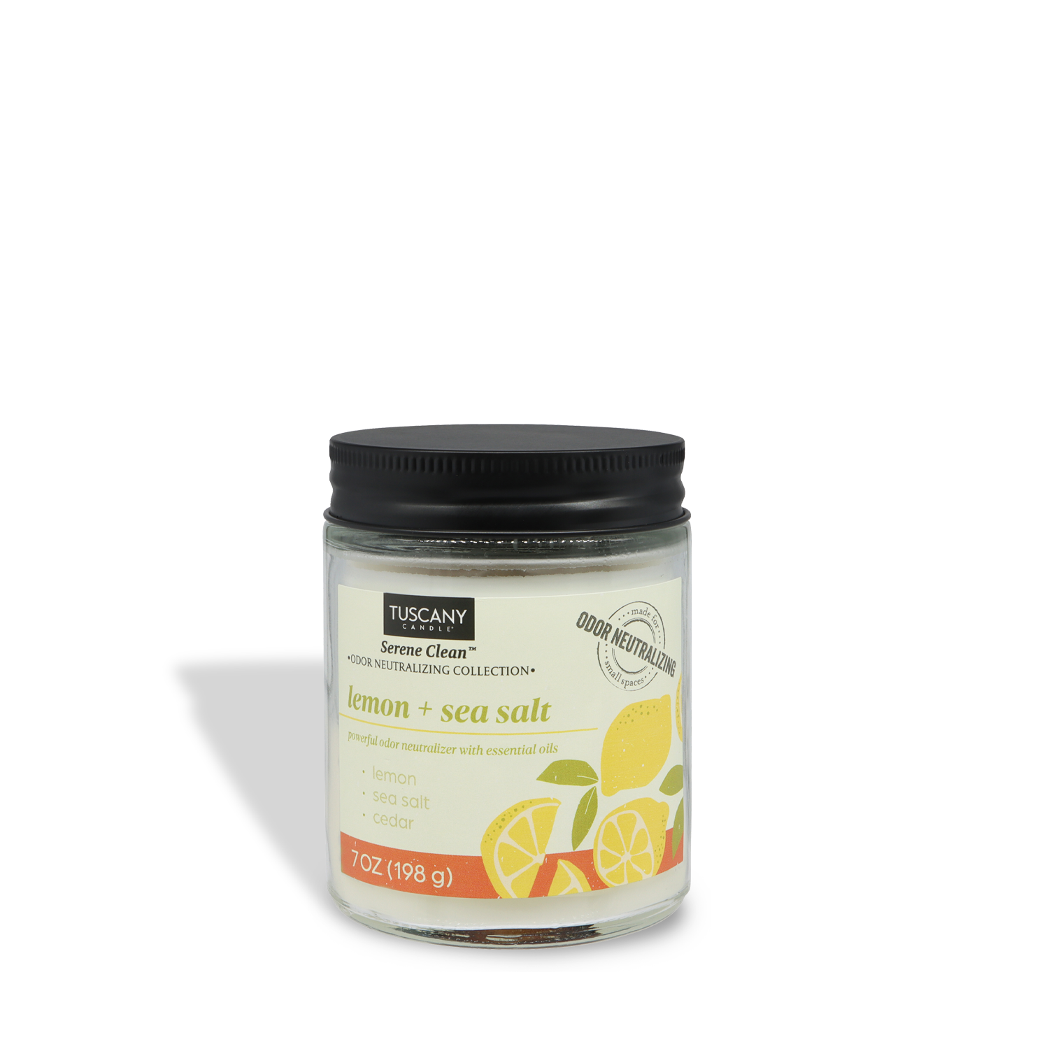 The Tuscany Candle® Everyday Lemon + Seasalt Scented Odor Neutralizing Candle (7 oz) from the Serene Clean Collection features a black lid and lemon-sea salt label, designed to refresh your space with a clean, inviting scent.