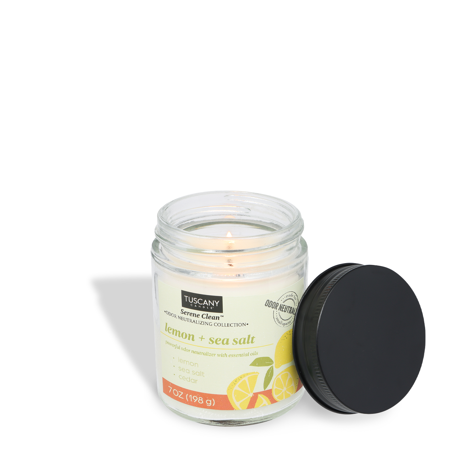 A lit Lemon + Seasalt Scented Odor Neutralizing Candle (7 oz) from the Serene Clean Collection by Tuscany Candle® Everyday sits in a glass jar with a black lid, filling your space with a fresh, inviting fragrance.