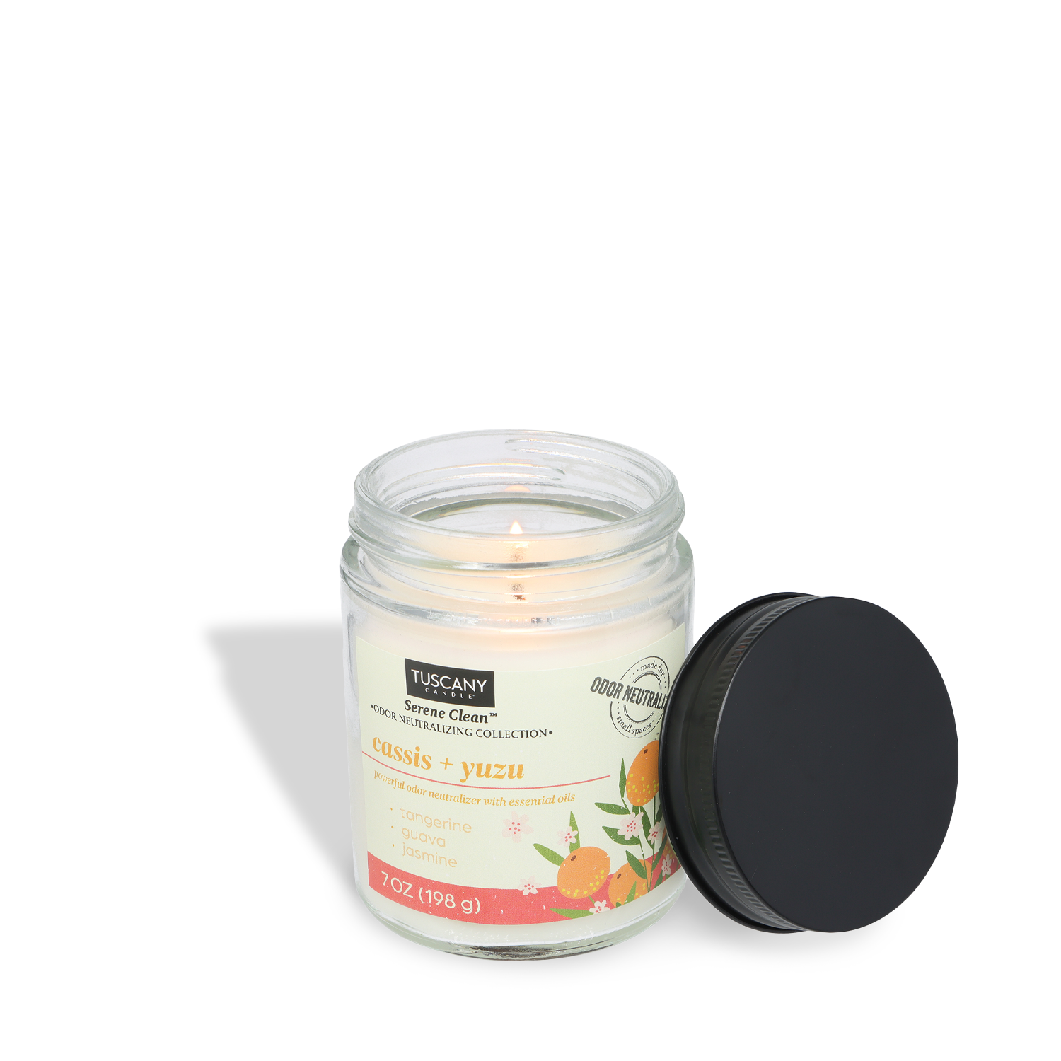 A Tuscany Candle® Everyday Cassis + Yuzu Scented Odor Neutralizing Candle (7 oz) from the Serene Clean Collection burns in an open glass jar beside its black lid on a white background, combining elegance and freshness for any space.