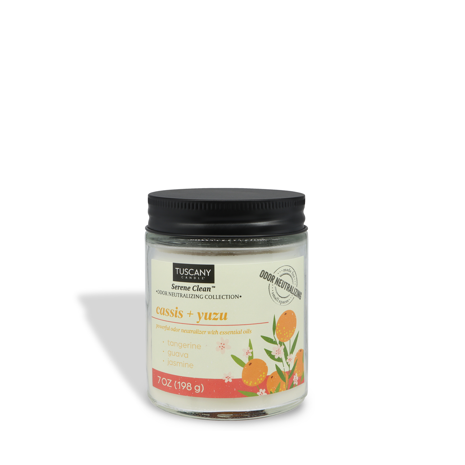 The Tuscany Candle® Everyday Cassis + Yuzu Scented Odor Neutralizing Candle (7 oz) from the Serene Clean Collection features scent notes, tangerine and guava images, and a black lid—perfect for freshening any space.