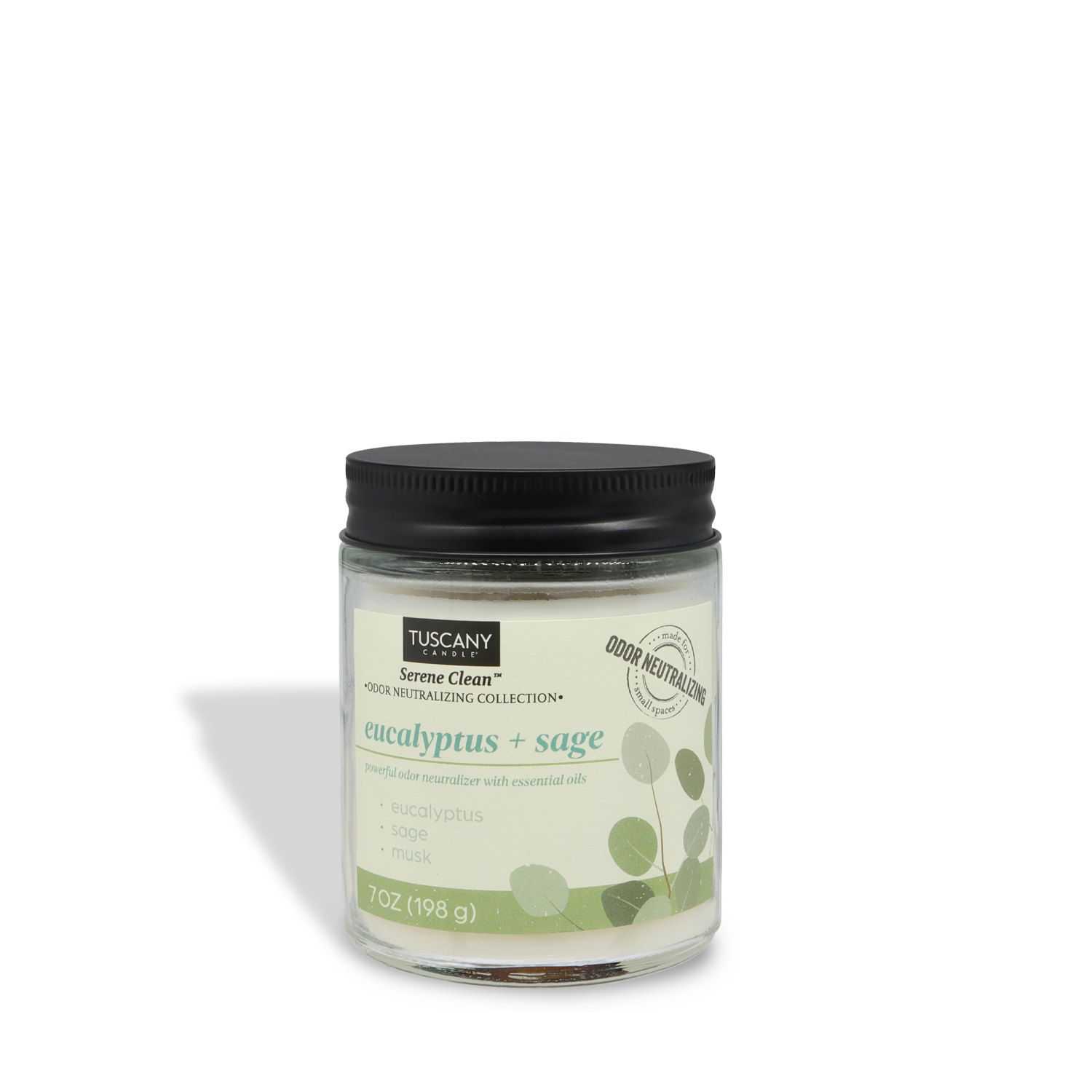 A 7 oz Tuscany Candle® Everyday Eucalyptus + Sage Scented Odor Neutralizing Candle from the Serene Clean Collection, in a glass jar with black lid and simple green leaf label design.