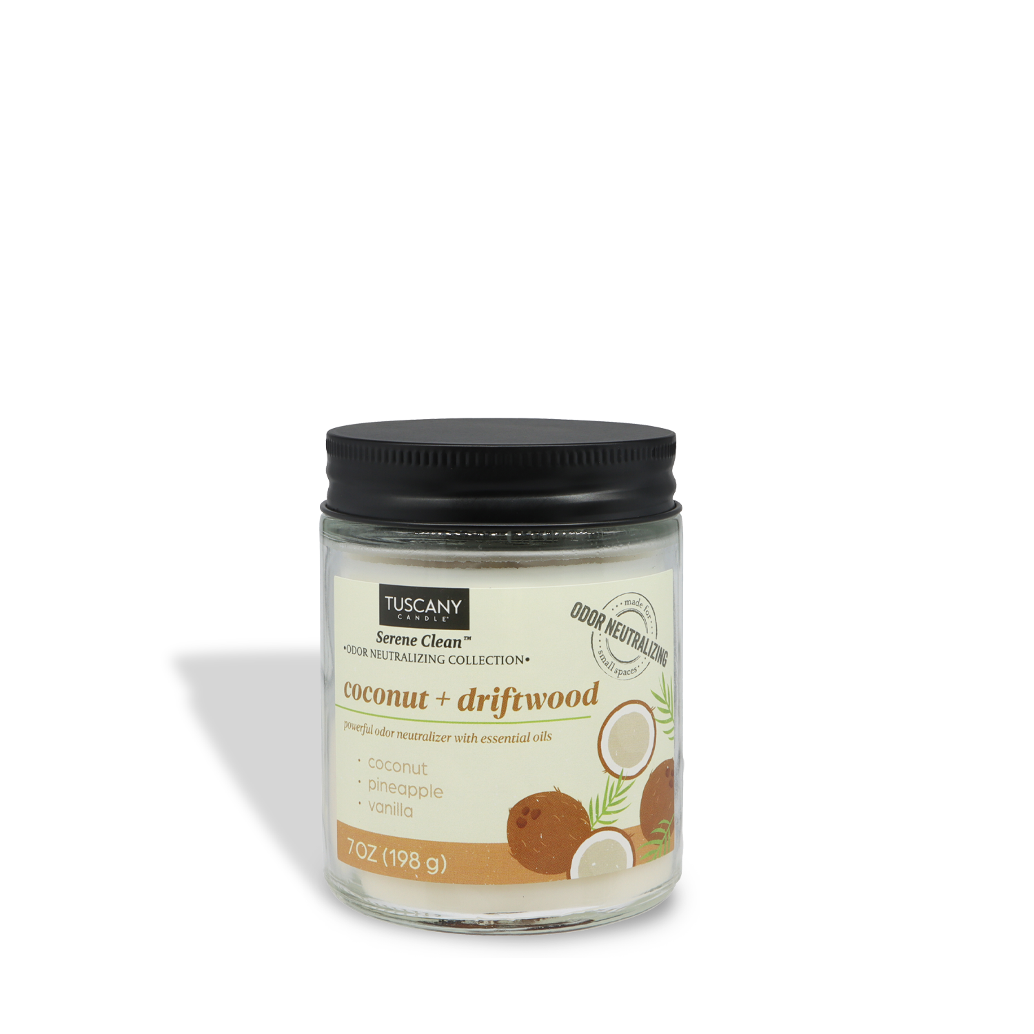 A 7 oz Coconut + Driftwood Scented Odor Neutralizing Candle from Tuscany Candle® Everyday's Serene Clean Collection, featuring coconut, pineapple, and vanilla notes, with a black lid.