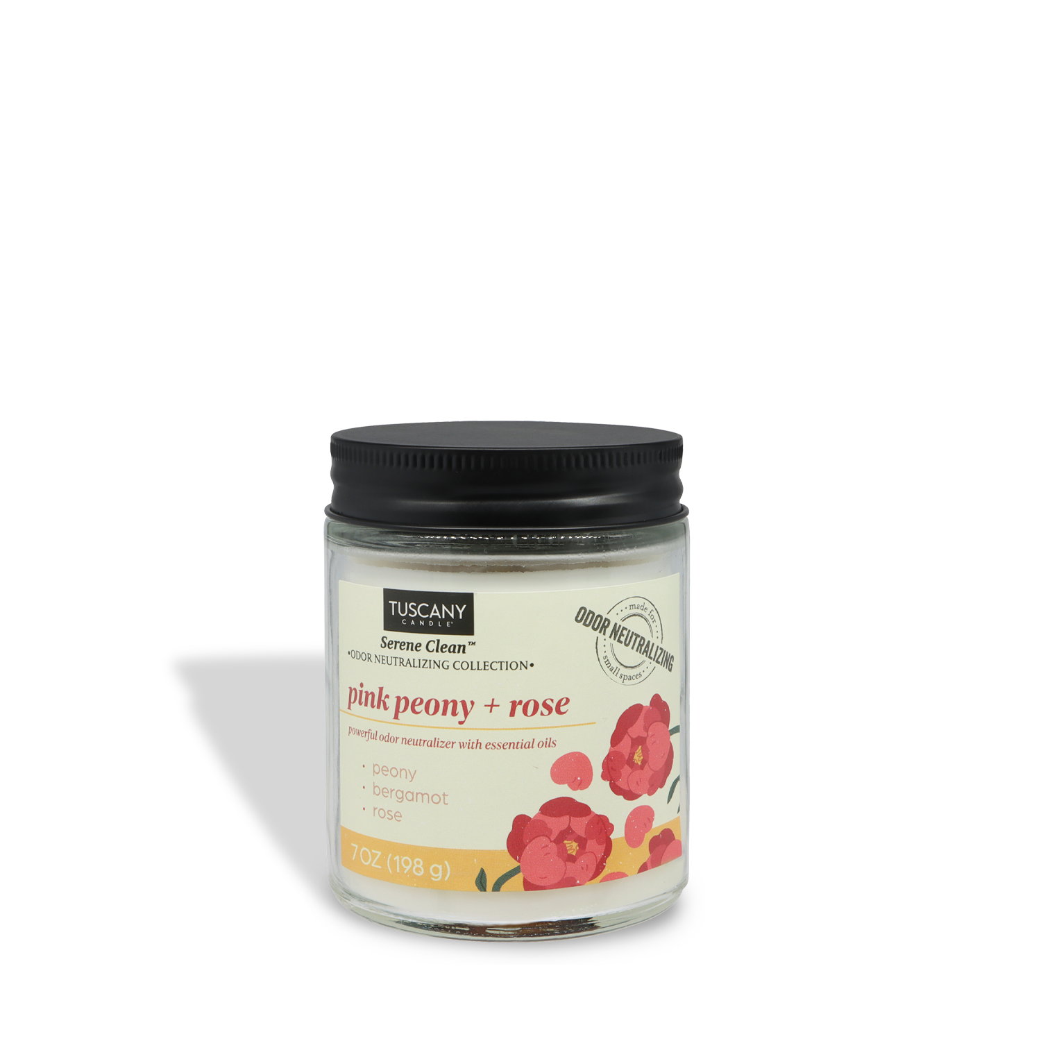 The Tuscany Candle® Everyday Pink Peony + Rose Scented Odor Neutralizing Candle (7 oz) from the Serene Clean Collection blends peony, bergamot, and rose for a delightful floral aroma, in a black-lidded jar with a floral design.