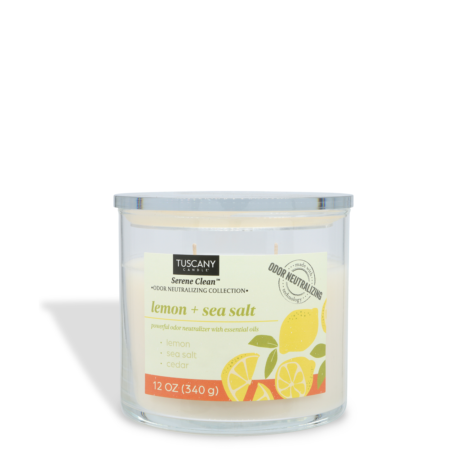 The Tuscany Candle® Everyday Lemon + Seasalt Scented Odor Neutralizing Candle (12 oz) from the Serene Clean Collection features lemon and essential oil imagery on clear glass.