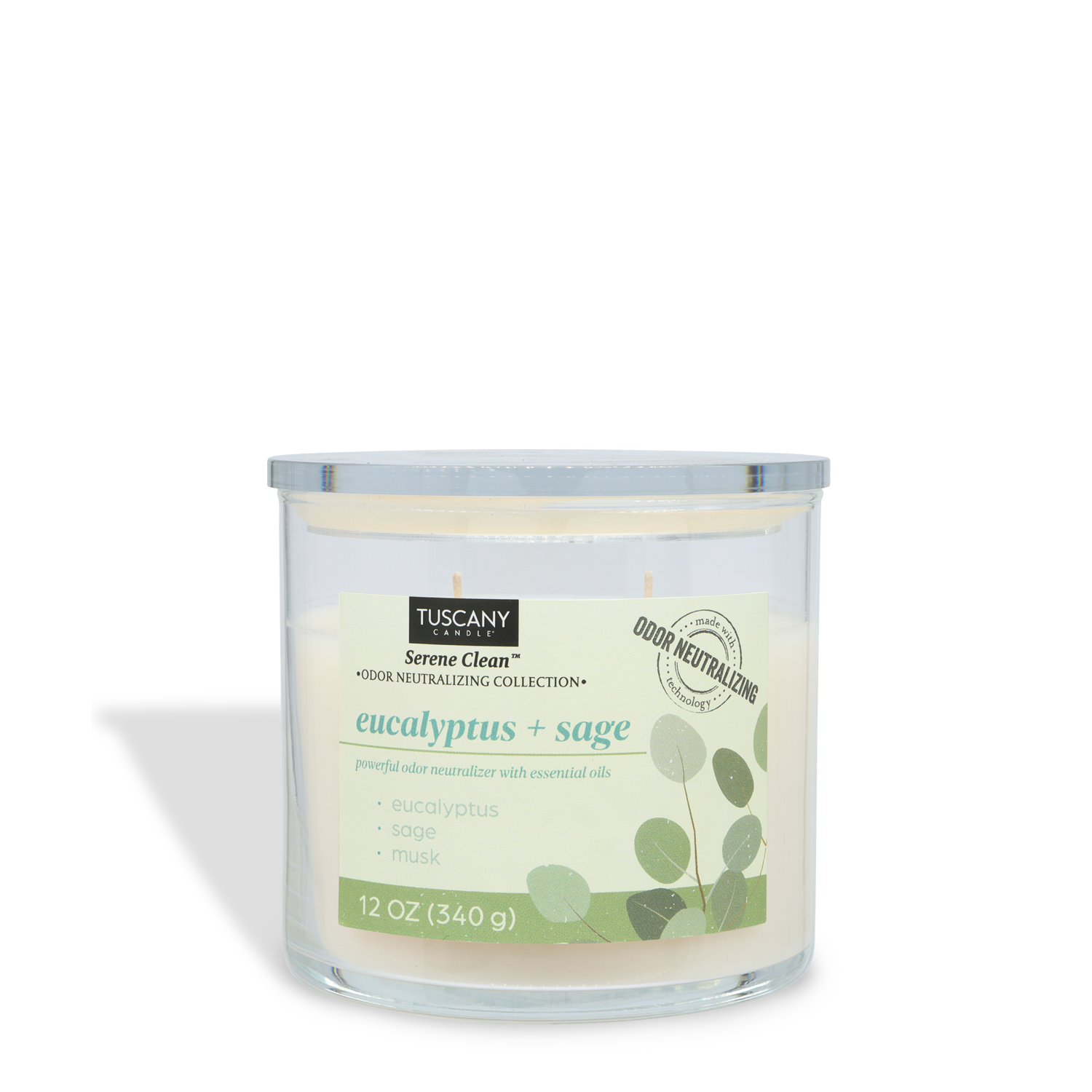 The Tuscany Candle® Everyday Eucalyptus + Sage Scented Odor Neutralizing Candle (12 oz) from the Serene Clean Collection features eucalyptus, sage, and musk notes—perfect for a fresh atmosphere. Includes a clear glass jar and silver lid.