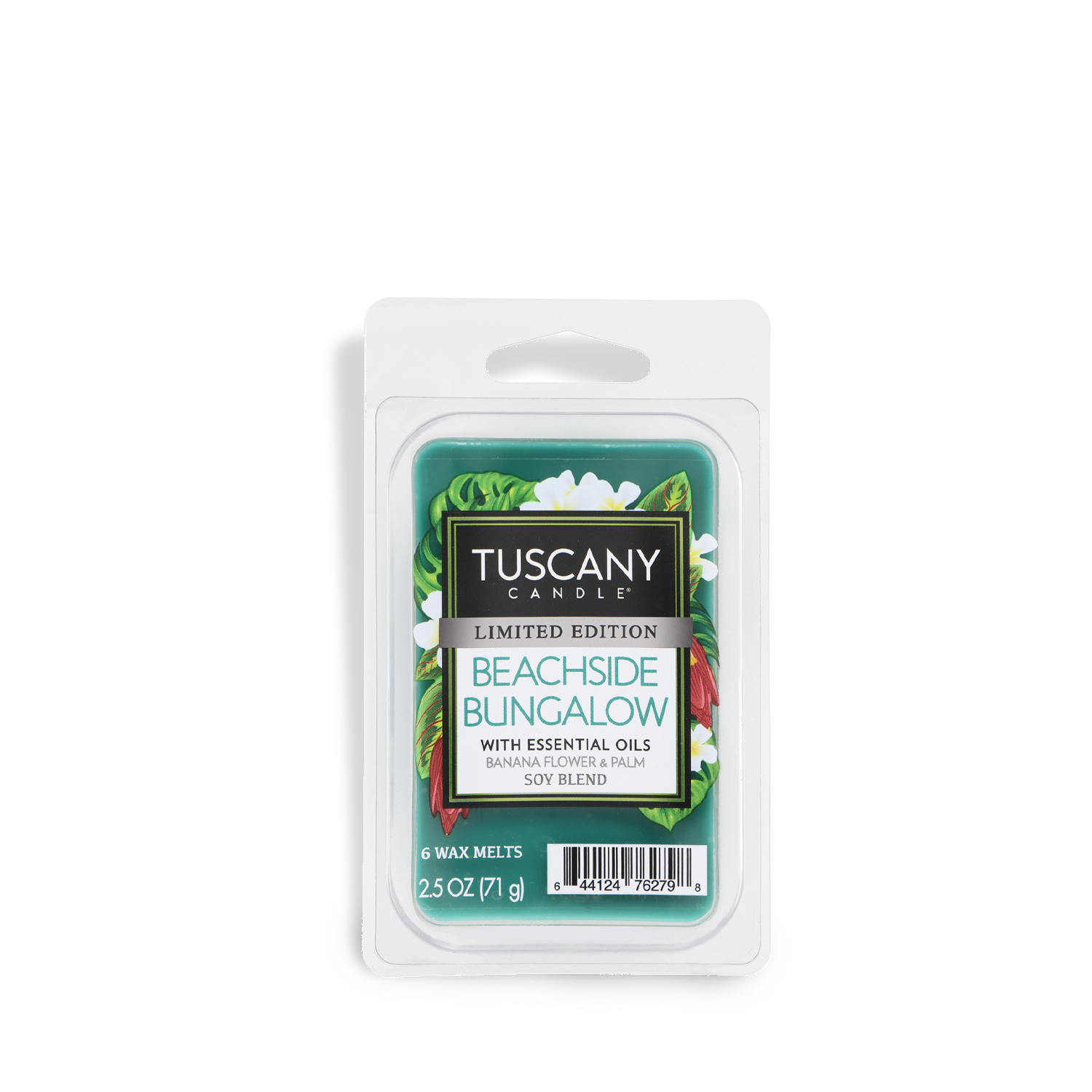 Tuscany Candle® SEASONAL Beachside Bungalow: Banana Flower & Palm Scented Spring Wax Melt (2.5 oz) infuses your space with a tropical spring aroma and features a limited edition floral design.