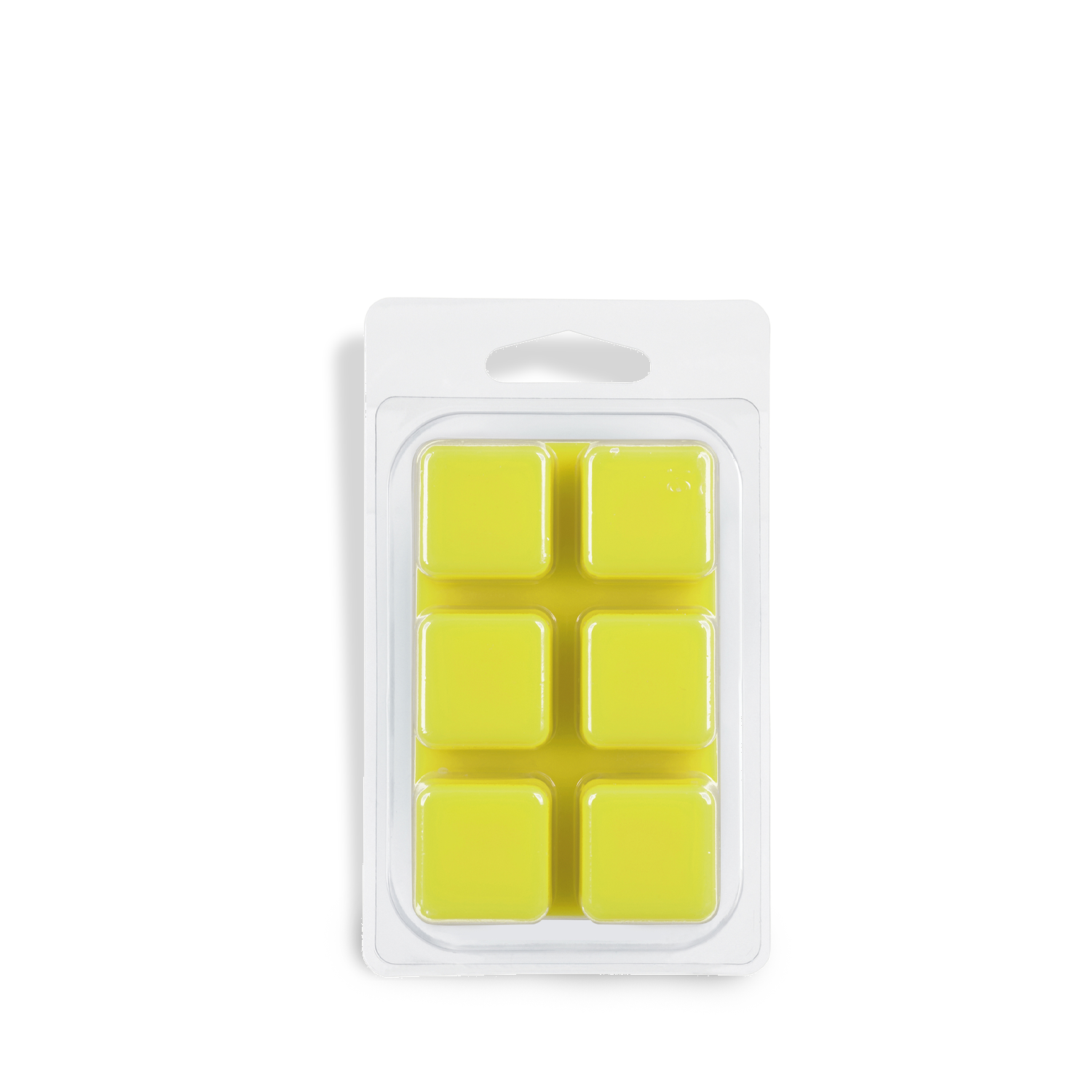 A white blister pack holds six yellow square Citrus Splash: Tropical Juice & Bright Citrus scented wax melts (2.5 oz) by Tuscany Candle® SEASONAL, shown from above on a white background.