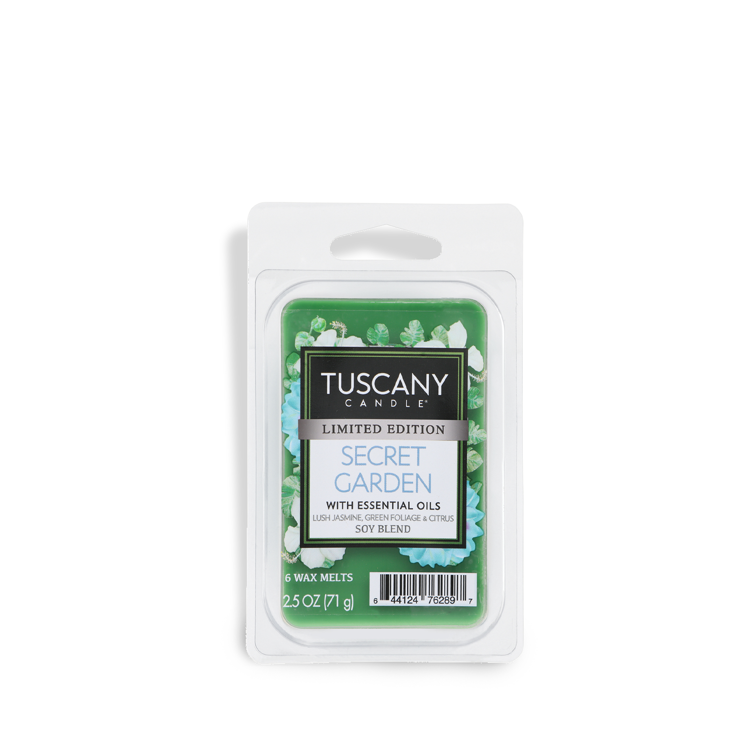Tuscany Candle® SEASONAL Secret Garden: Jasmine & Citrus Scented Spring Wax Melt (2.5 oz)—a limited edition floral home fragrance with essential oils, perfect for spring. Features green wax and a floral label design.