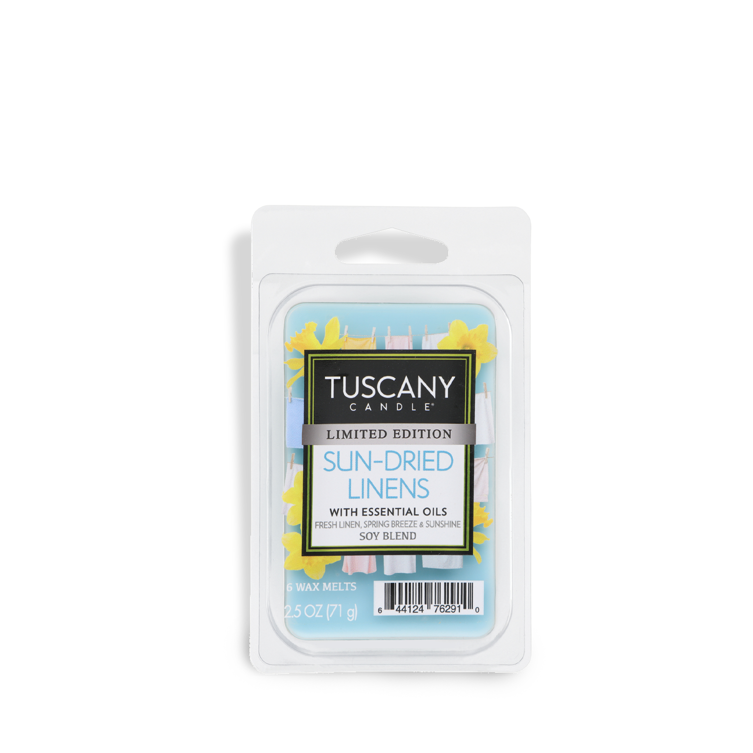 Tuscany Candle® SEASONAL Sun-Dried Linens: Sunshine & Breeze Scented Spring Wax Melt (2.5 oz) offers a fresh, spring fragrance with essential oils in a limited edition.