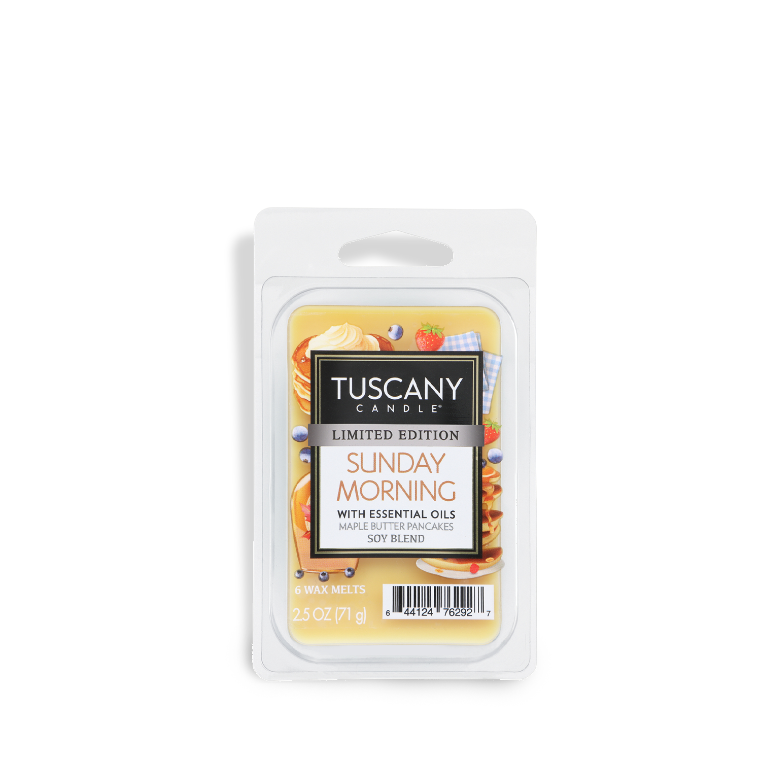 Experience cozy mornings with Tuscany Candle® SEASONAL's Sunday Morning: Maple Butter Pancakes Scented Spring Wax Melt (2.5 oz). This limited edition pack includes 6 melts, filling your home with a warm, inviting fragrance.