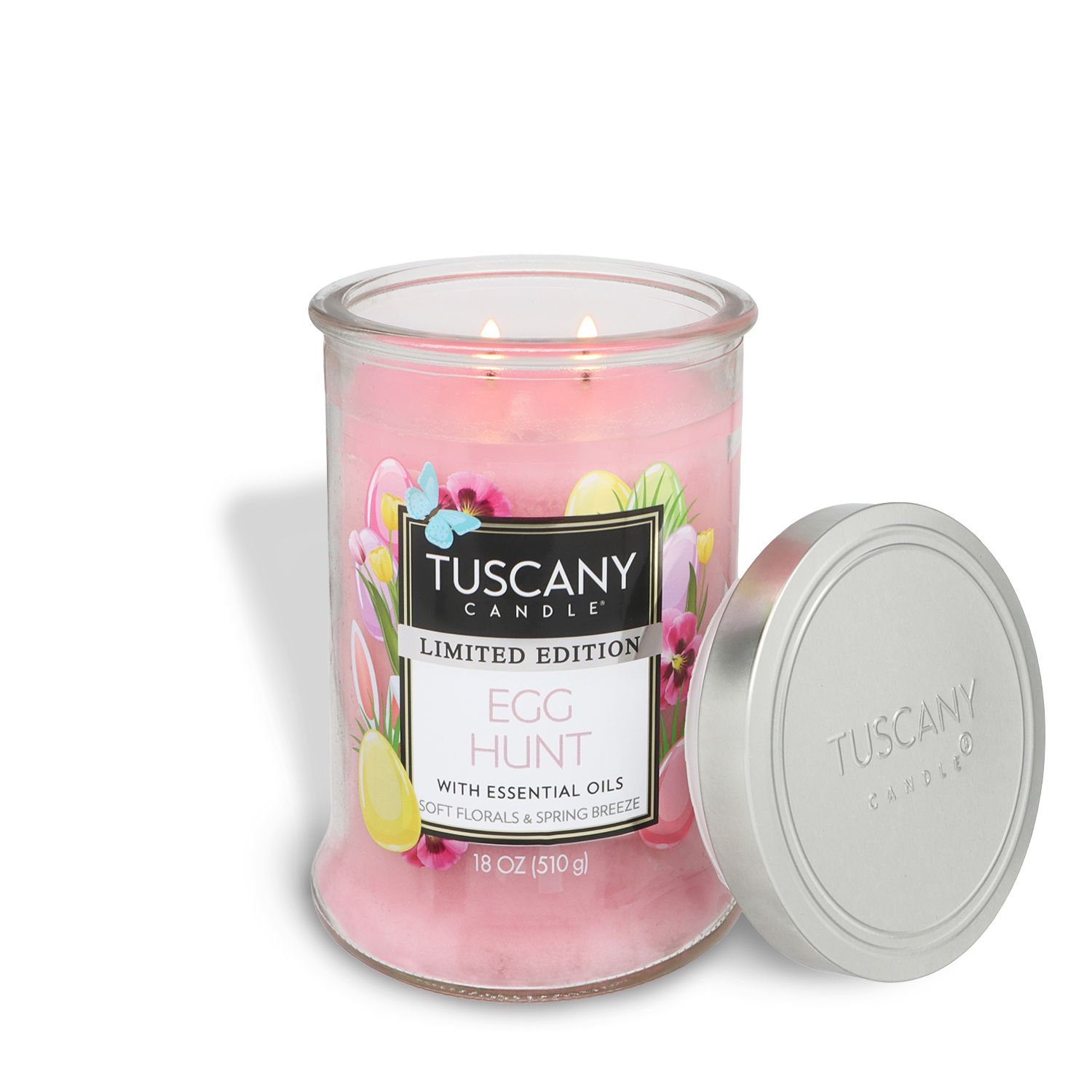 A pink Tuscany Candle® labeled "Egg Hunt: Rose & Cherry Blossom Scented Easter Candle (18 oz)" is shown with a silver lid beside the glass jar.