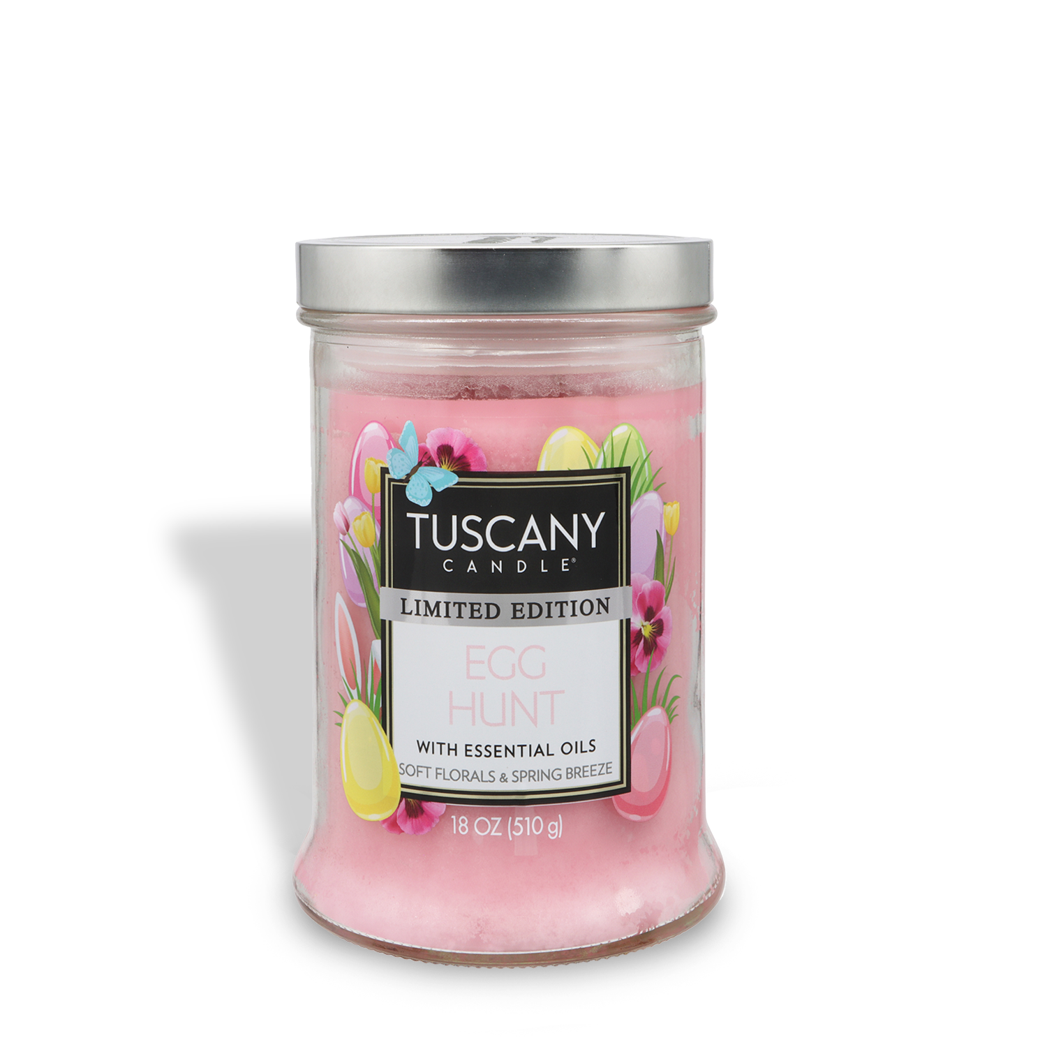 Tuscany Candle® Egg Hunt: Rose & Cherry Blossom Scented Easter Candle (18 oz), pink with floral and egg designs, a silver lid, and “Limited Edition” marking.