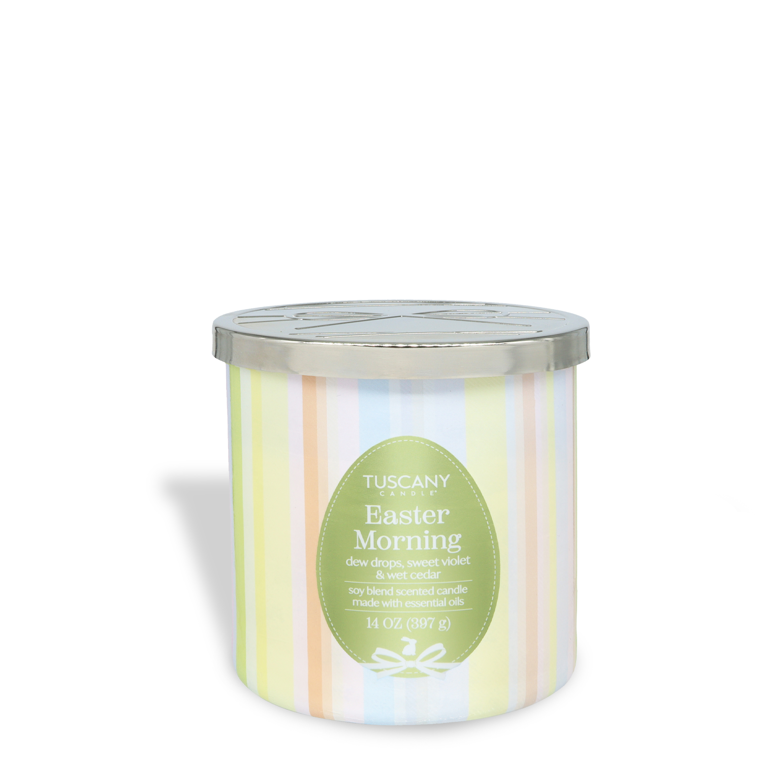A 14 oz Tuscany Candle® labeled "Easter Morning: Dew Drops & Violet," in pastel stripes with a metal lid and a green oval sticker displaying the scent and weight.