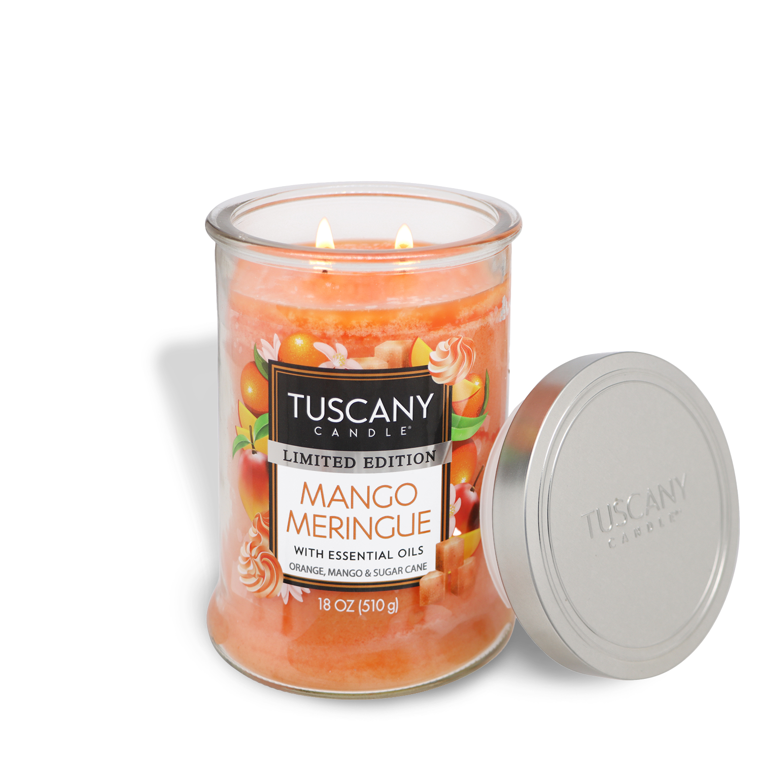 Tuscany Candle® SEASONAL Mango Meringue: Orange & Sugar Cane Scented Spring Candle (18 oz) in a glass jar, lid to the side, features two lit wicks and essential oils for a tropical fragrance.