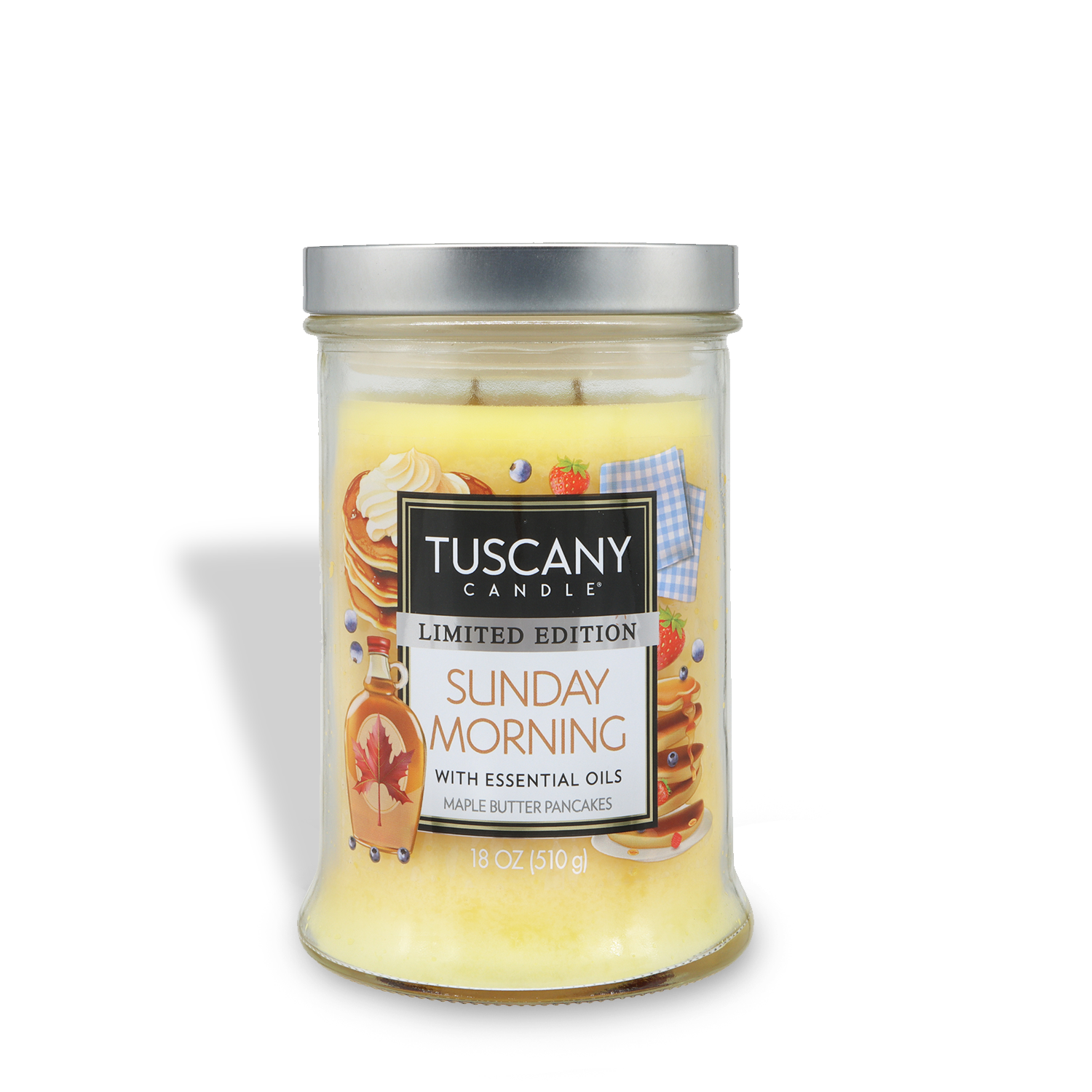 The Tuscany Candle® SEASONAL Sunday Morning: Maple Butter Pancakes Scented Spring Candle (18 oz) features a long-lasting maple butter pancakes scent and a label with images of pancakes and a maple leaf.