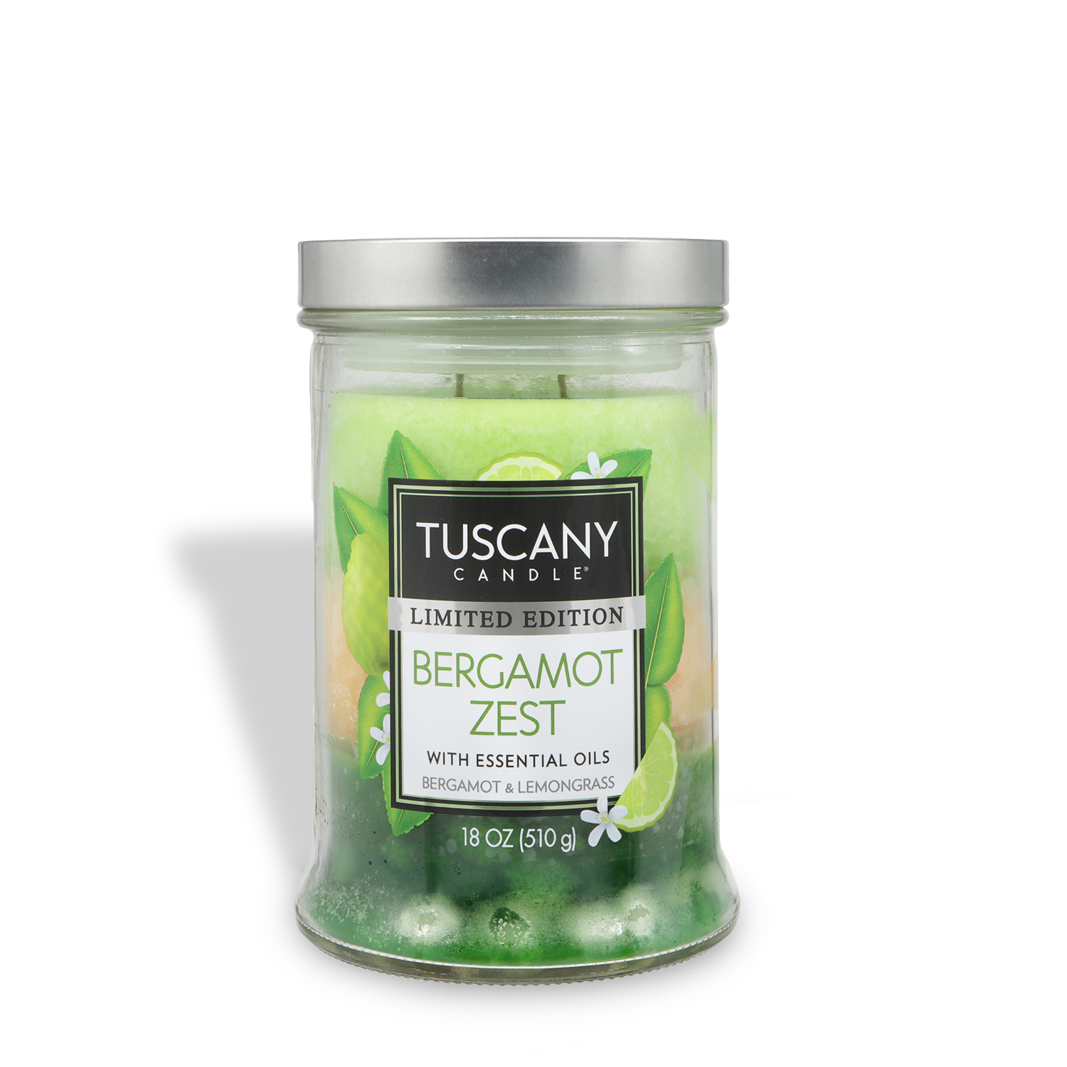 Enjoy the refreshing aroma of Tuscany Candle® SEASONAL Bergamot Zest: Lemongrass Scented Spring Candle (18 oz), a limited edition glass jar candle featuring essential oils and a silver lid for long-lasting fragrance.