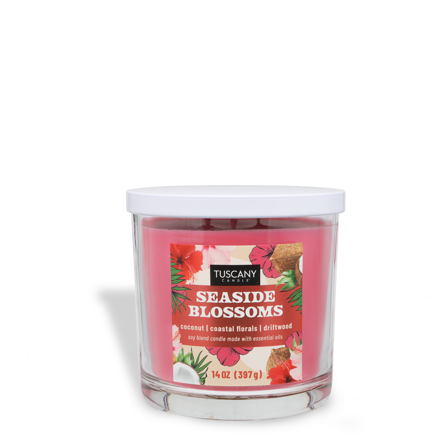 The Tuscany Candle® SEASONAL Seaside Blossoms: Coconut & Floral Scented Spring Candle (14 oz) features a pink soy blend in a clear glass jar with white lid, filling your space with coconut, coastal florals, and driftwood notes.