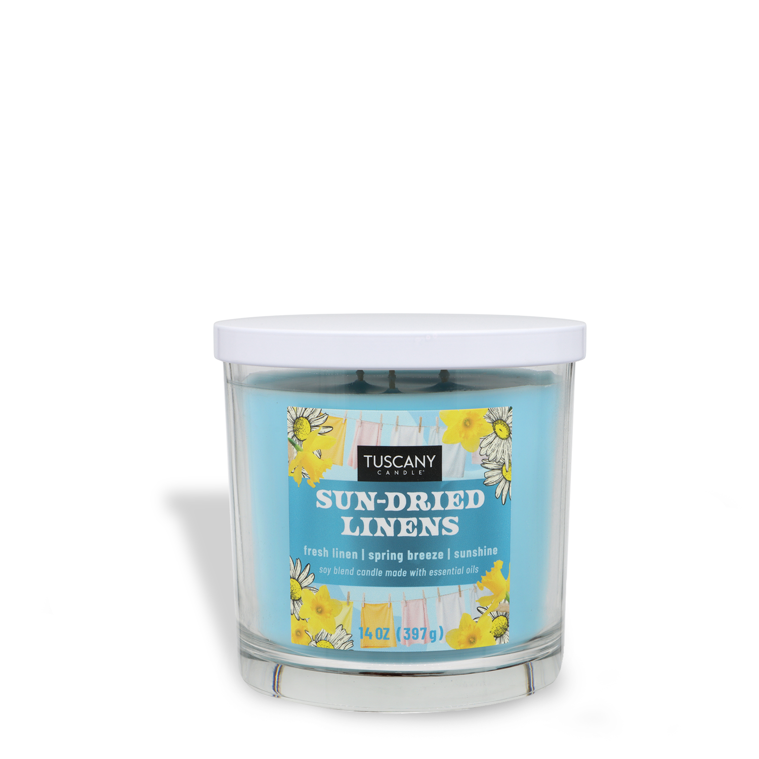 Tuscany Candle® SEASONAL's 14 oz Sun-Dried Linens: Sunshine & Breeze Scented Spring Candle, with a blue label, yellow flowers, and white lid, beautifully captures the essence of fresh linens.