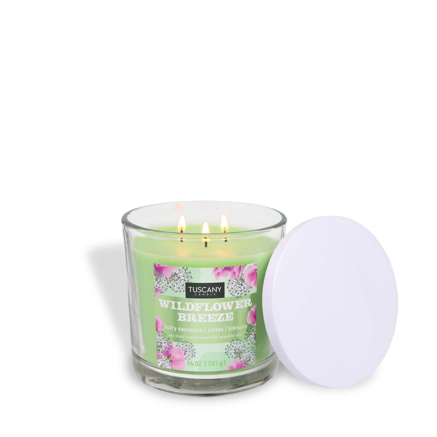 The Tuscany Candle® SEASONAL Wildflower Breeze: Dandelion & Hibiscus Scented Spring Candle (14 oz) has a green soy blend with three wicks, in a clear glass jar with a white lid.