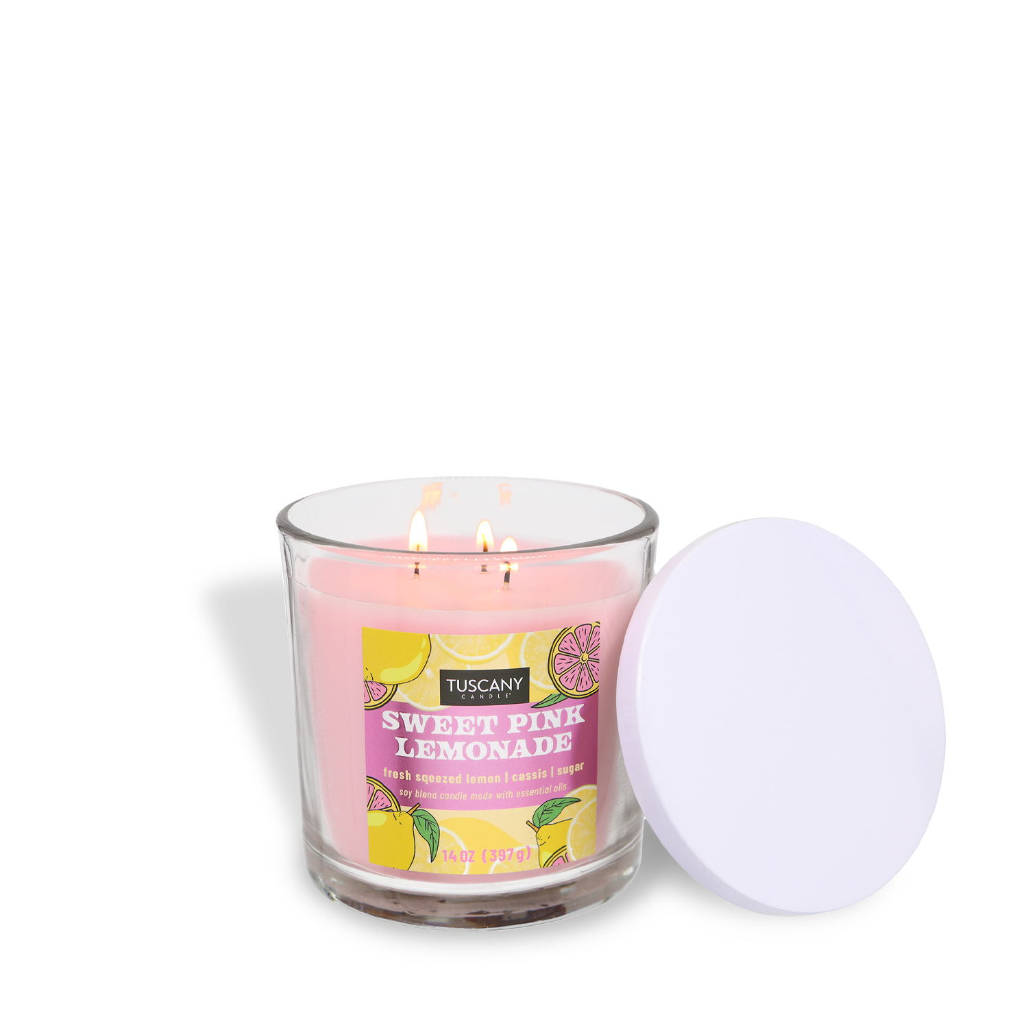 The Tuscany Candle® SEASONAL Sweet Pink Lemonade: Lemon & Cassis Scented Spring Candle (14 oz) features a soy wax blend in a clear glass jar and fills your space with the refreshing aroma of sweet pink lemonade.