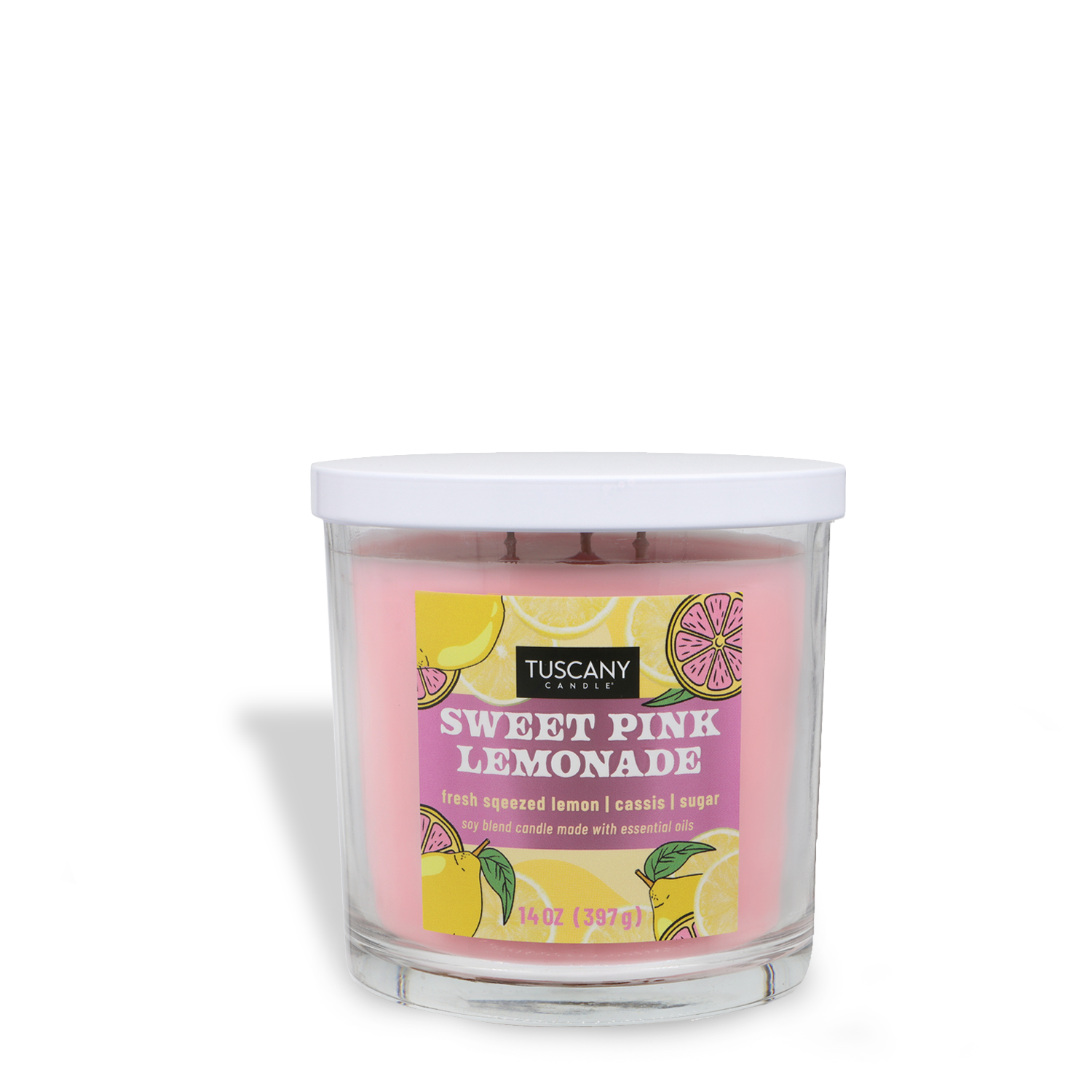 A 14 oz glass jar candle labeled "Sweet Pink Lemonade: Lemon & Cassis," by Tuscany Candle® SEASONAL, features lemon and pink slice images, a soy wax blend, and a white lid—perfect for spring.