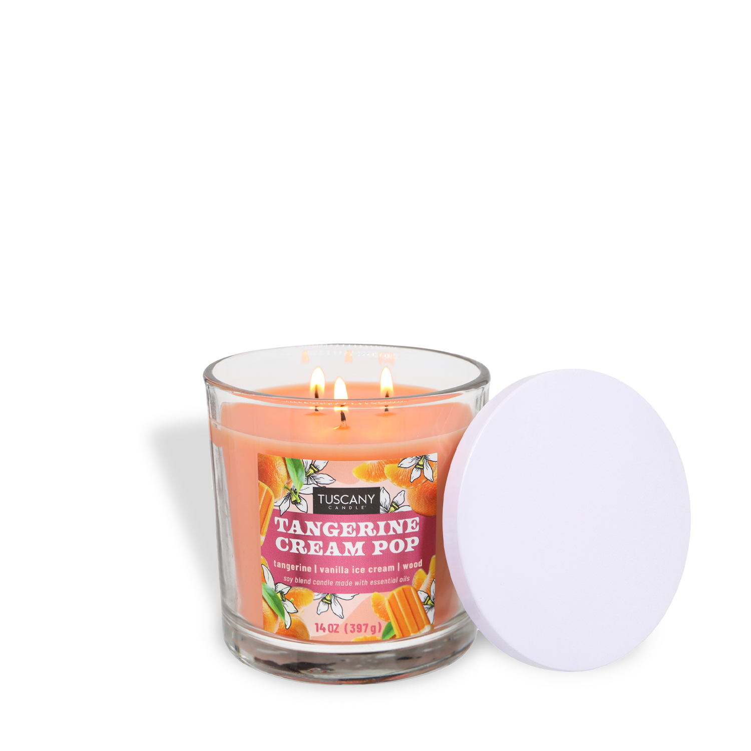 Tuscany Candle® SEASONAL’s “Tangerine Cream Pop: Orange & Vanilla Scented Spring Candle” (14 oz) features three wicks and a white lid, offering a refreshing spring fragrance perfect for any space.