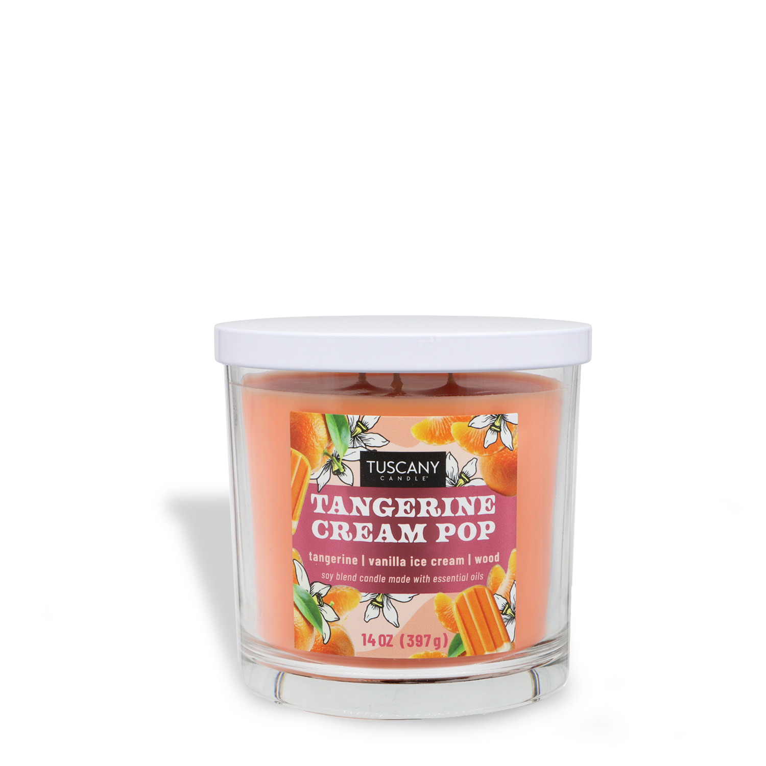 Tuscany Candle® SEASONAL's "Tangerine Cream Pop: Orange & Vanilla Scented Spring Candle" (14 oz) features tangerine, vanilla ice cream, and wood notes in a clear jar with orange wax for an uplifting spring aroma.