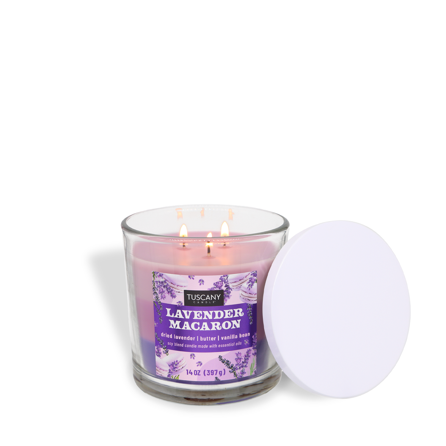 The Tuscany Candle® SEASONAL Lavender Macaron: Vanilla Bean & Sugar Scented Spring Candle (14 oz) features a glass jar with pink soy blend, three wicks, and a white lid—ideal for adding a spring scent to your space.