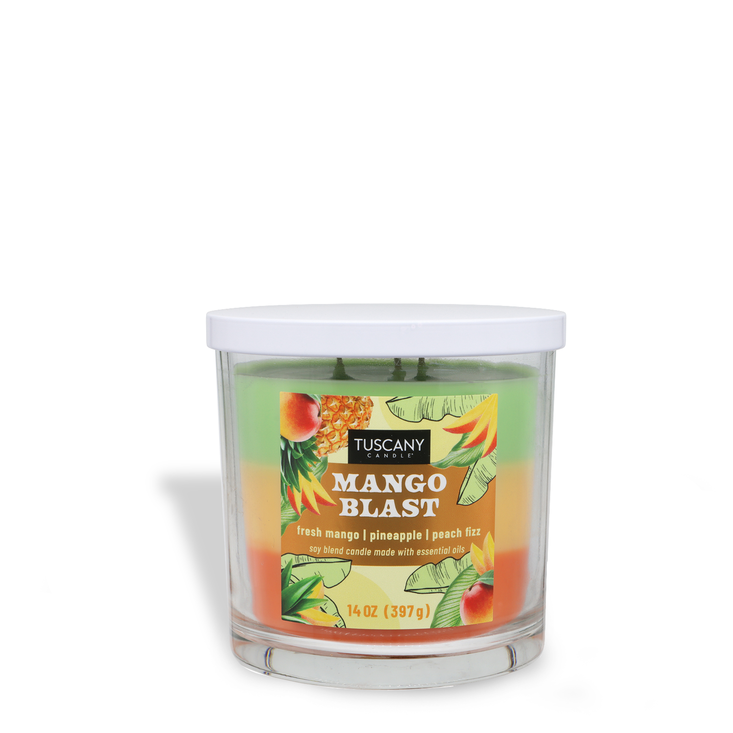 The Mango Blast: Pineapple & Peach Scented Spring Candle (14 oz) by Tuscany Candle® SEASONAL features fresh mango, pineapple, and peach fizz scents in a clear glass jar with white lid—perfect for a tropical spring vibe.