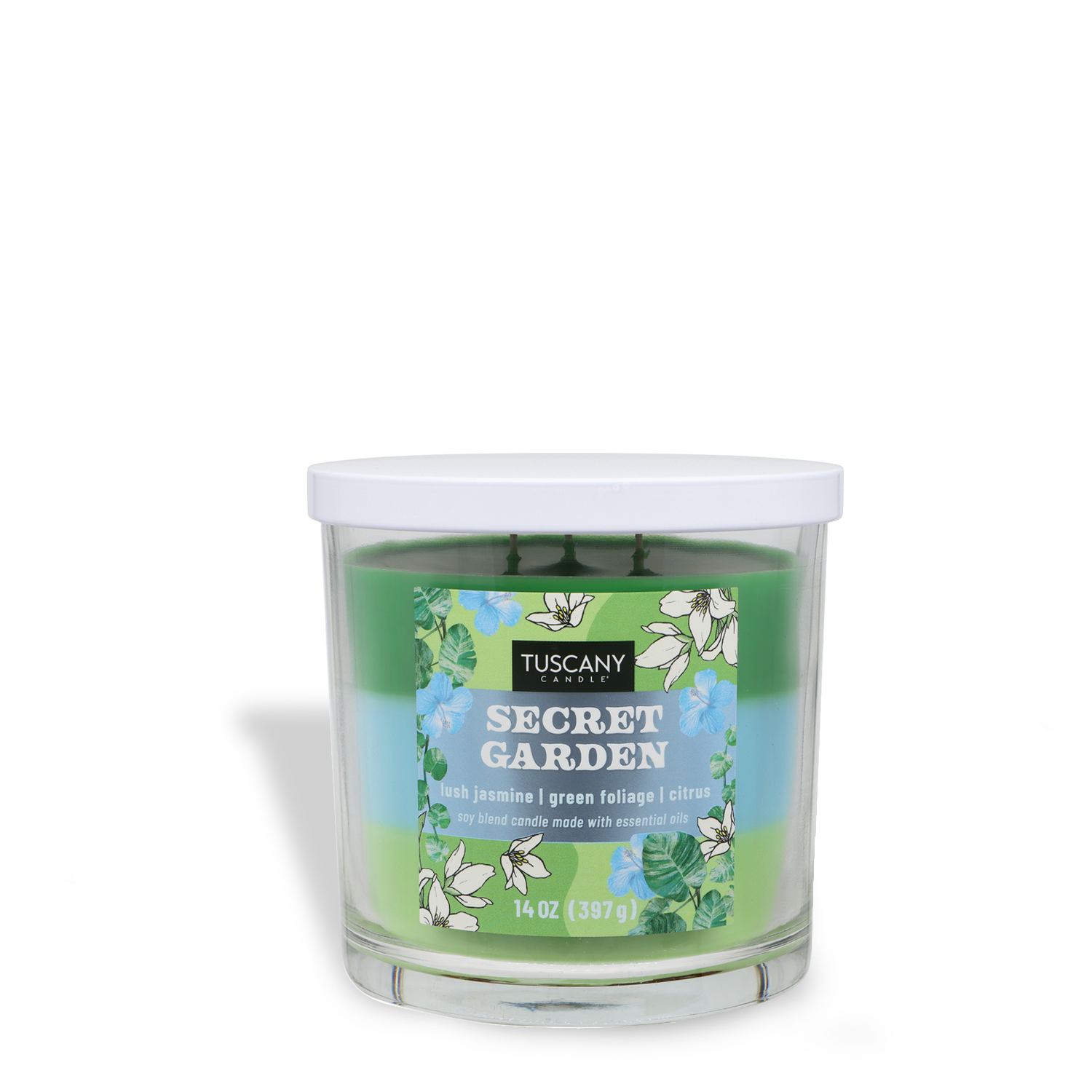 The 14 oz Tuscany Candle® SEASONAL Secret Garden: Jasmine & Citrus Scented Spring Candle features green soy wax in a clear glass jar with a white lid and a floral and leaf-decorated label.