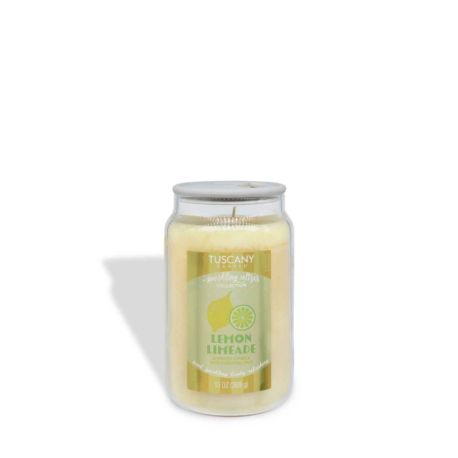 A 13 oz Tuscany Candle® SEASONAL Lemon Limeade: Sparkling Seltzer Scented Summer Candle in a glass jar with yellow wax and a silver lid.