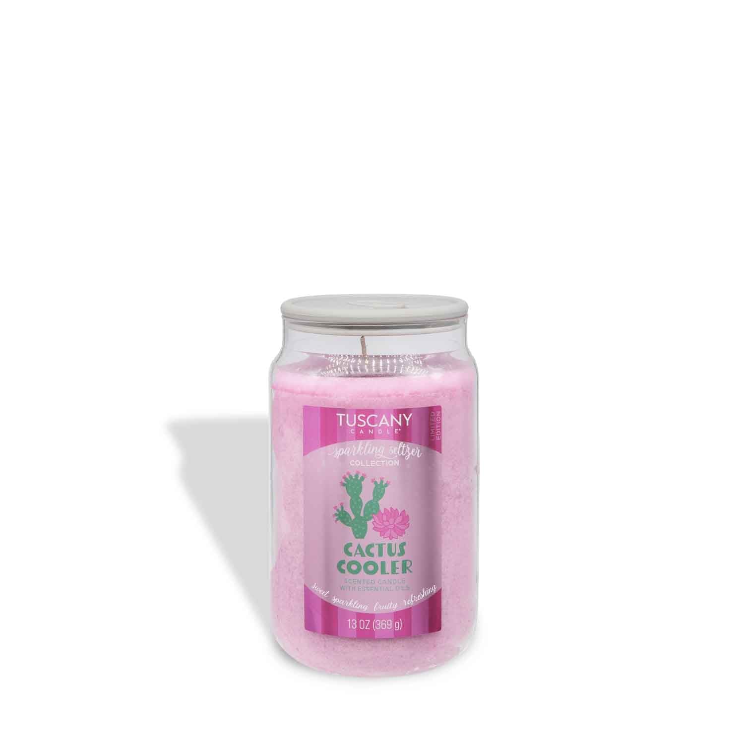 A 13 oz Tuscany Candle® SEASONAL jar, labeled "Cactus Cooler: Sparkling Seltzer Scented Summer Candle," with pink wax and a single wick, is displayed on a white background.