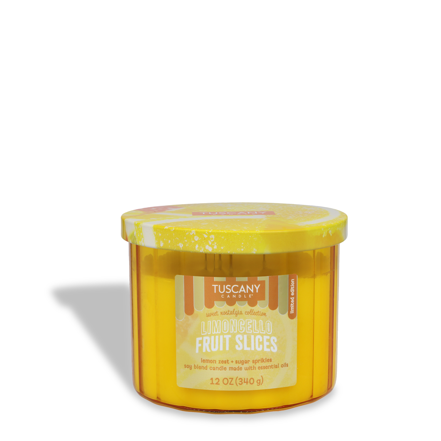 A yellow Tuscany Candle® SEASONAL container labeled "Limoncello Fruit Slices: Meyer Lemon Scented Summer Candle (12 oz)" sits on a white background. This citrus candle features notes of lemon zest and sugar sprinkles.