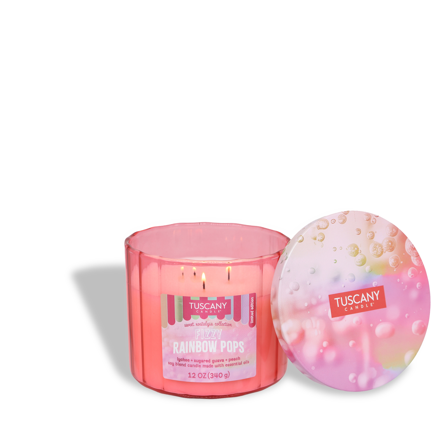 A 12-oz Tuscany Candle® SEASONAL "Fizzy Rainbow Pops: Lychee & Guava Scented Summer Candle" with three wicks is shown, its pink wax and colorful bubble-patterned lid displayed side by side.