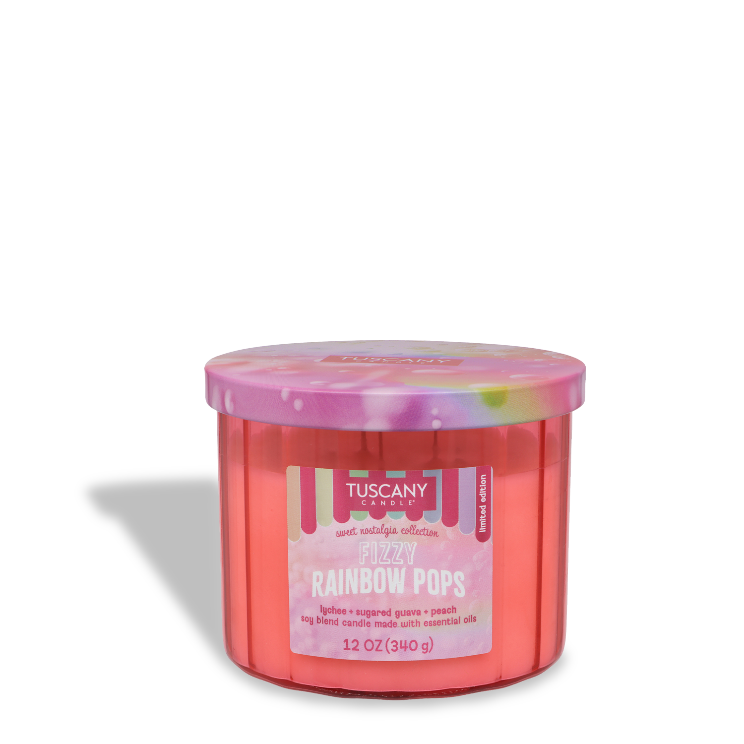 The Tuscany Candle® SEASONAL 12 oz summer candle, "Fizzy Rainbow Pops: Lychee & Guava," features a pink container and delivers a fruity home fragrance inspired by fizzy hard candy.