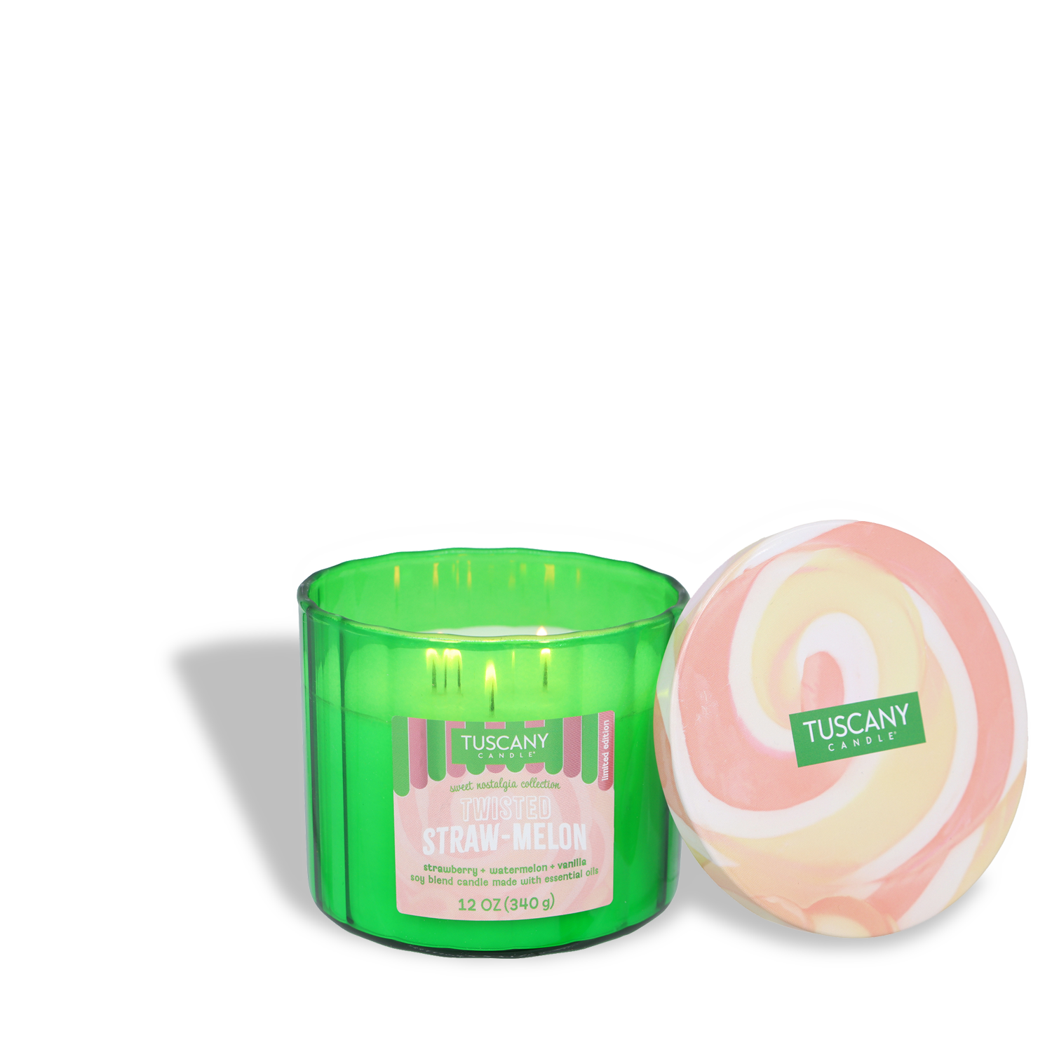 The 12 oz Twisted Straw-Melon: Strawberry & Watermelon Scented Summer Candle by Tuscany Candle® SEASONAL is a green jar candle, perfect for summer and ideal for those who love fruity home fragrances.