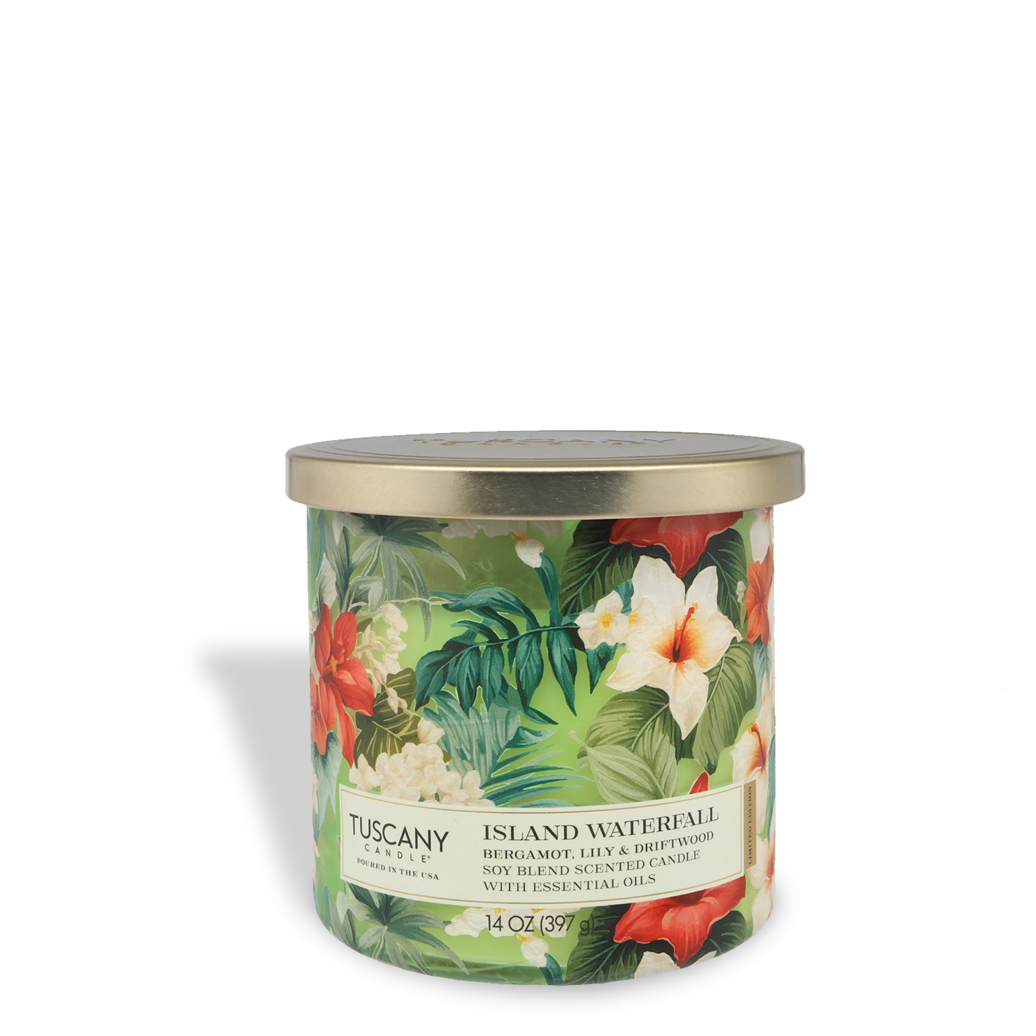 The Tuscany Candle® SEASONAL Island Waterfall: Bergamot & Lily Scented Spring Candle (14 oz) from the Dreamy Destinations Collection features a floral and leaf design with a gold lid—perfect for adding a tropical spring scent to any space.