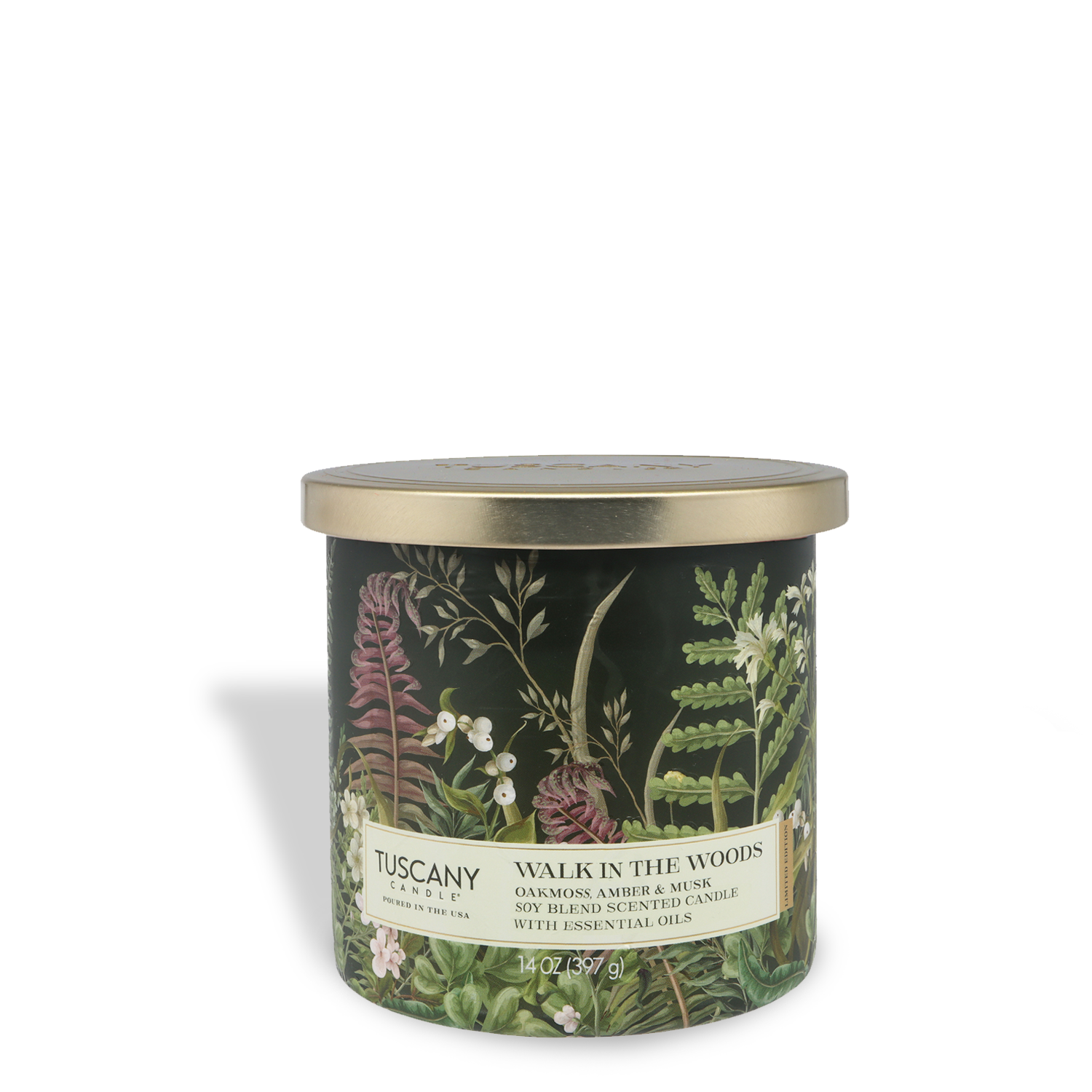 The Tuscany Candle® SEASONAL “Walk In The Woods: Oakmoss & Amber” 14 oz Spring Candle from the Dreamy Destinations Collection features a gold lid, botanical design, and essential oils—perfect for bringing woodsy freshness to your space.
